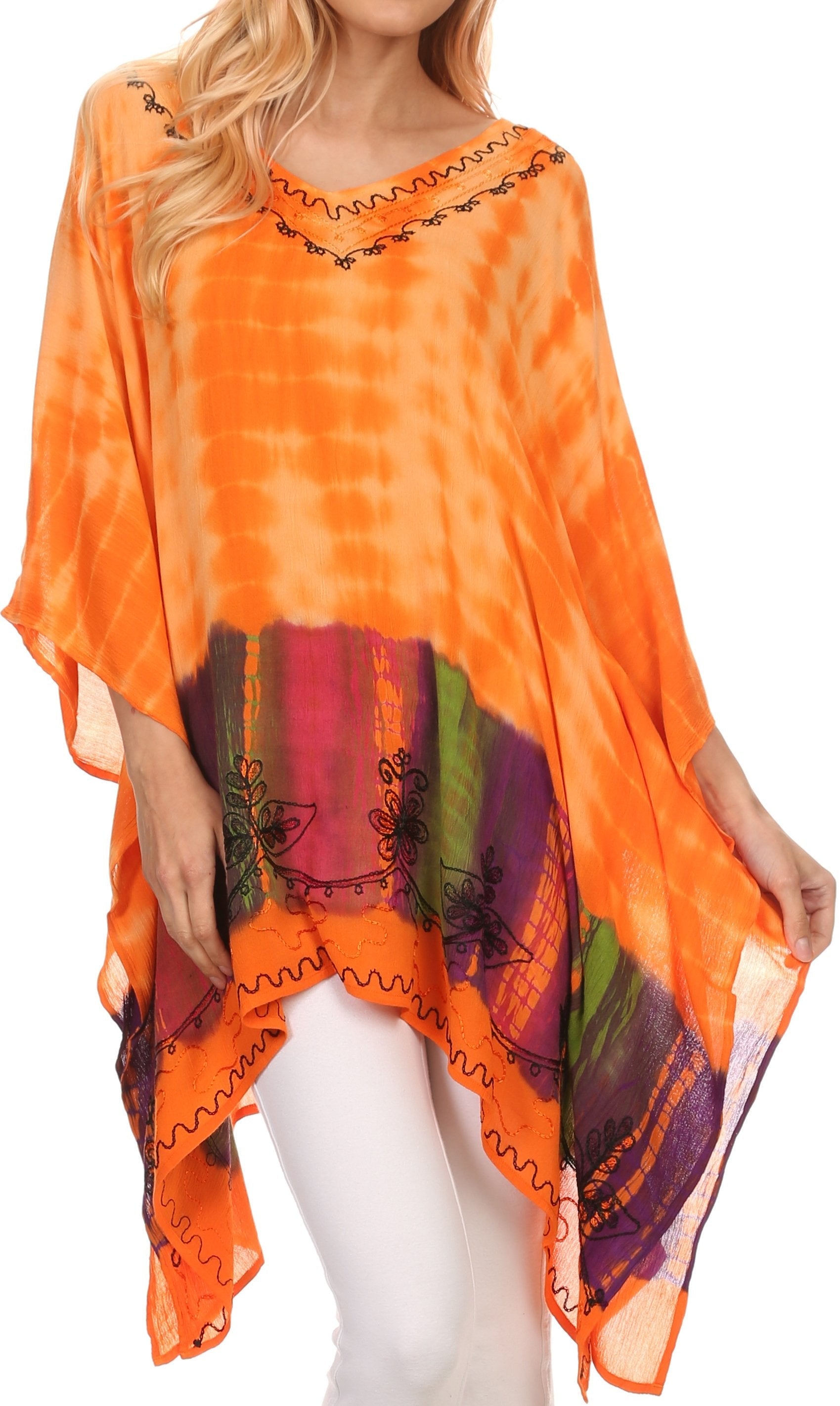 Orange tie-dye dress with colorful patterns on a white background