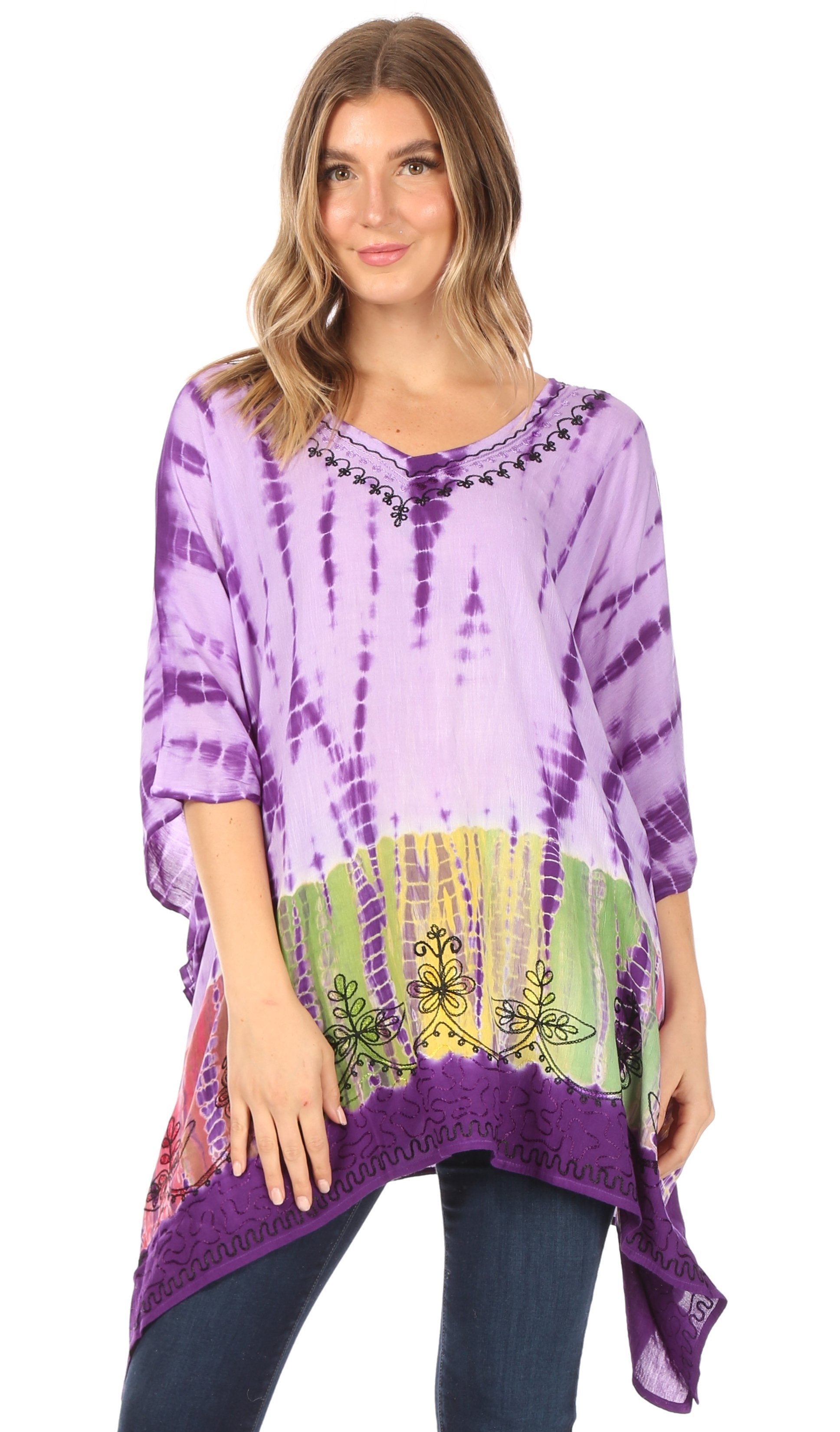 Woman wearing a purple tie-dye shirt with colorful butterfly design on a white background
