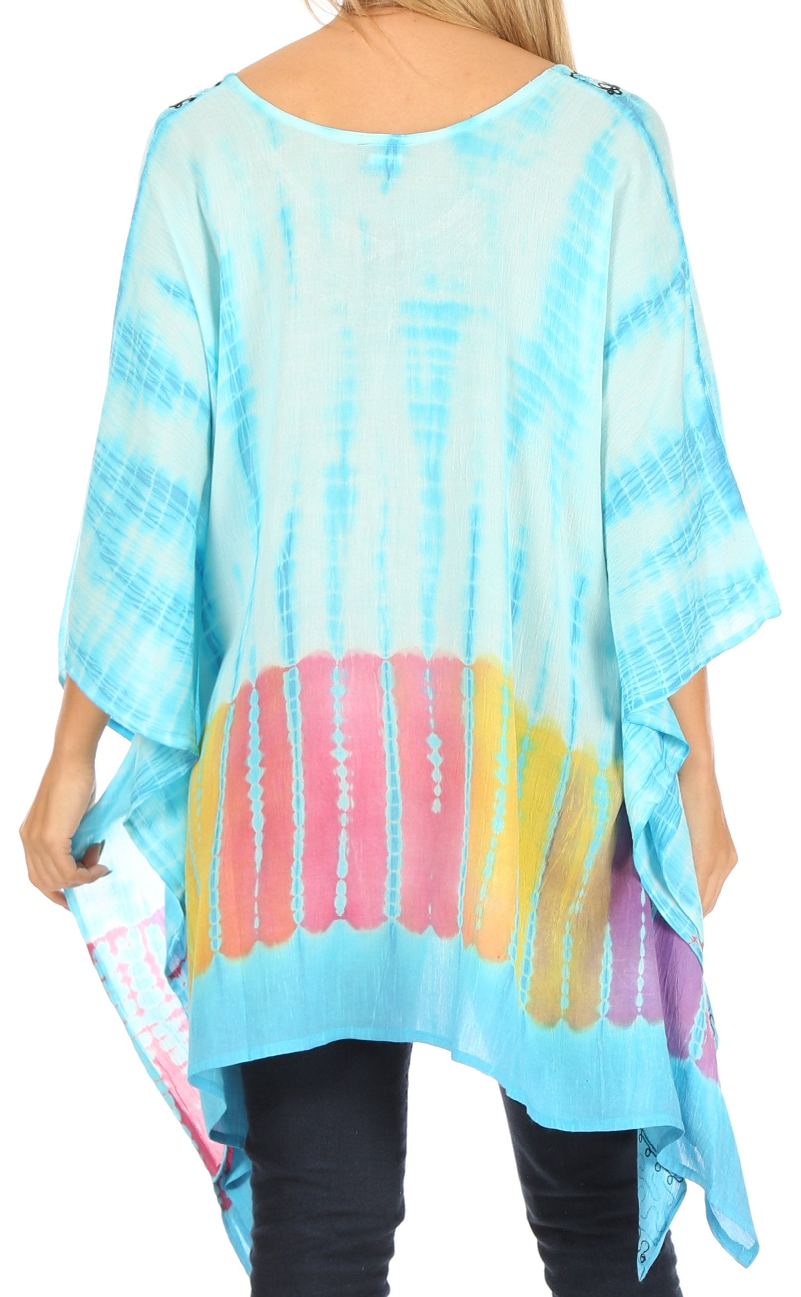 Colorful tie-dye poncho with a pastel pattern on a white background