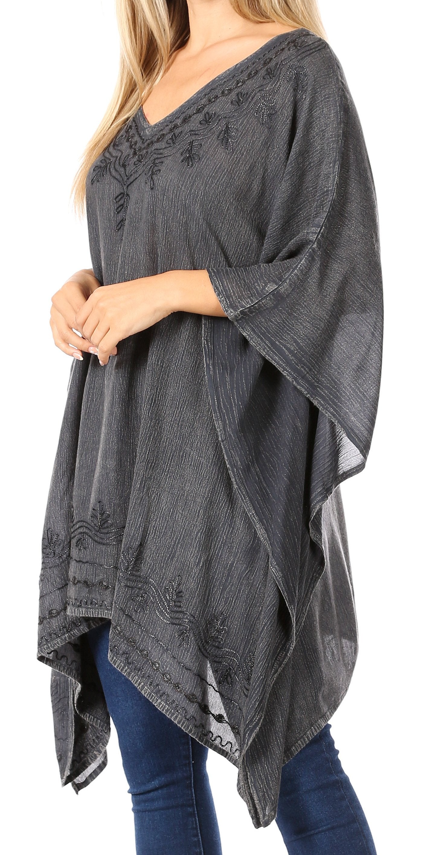 Sakkas - Wren Lightweight Circle Poncho Top Blouse With Detailed Embroidery