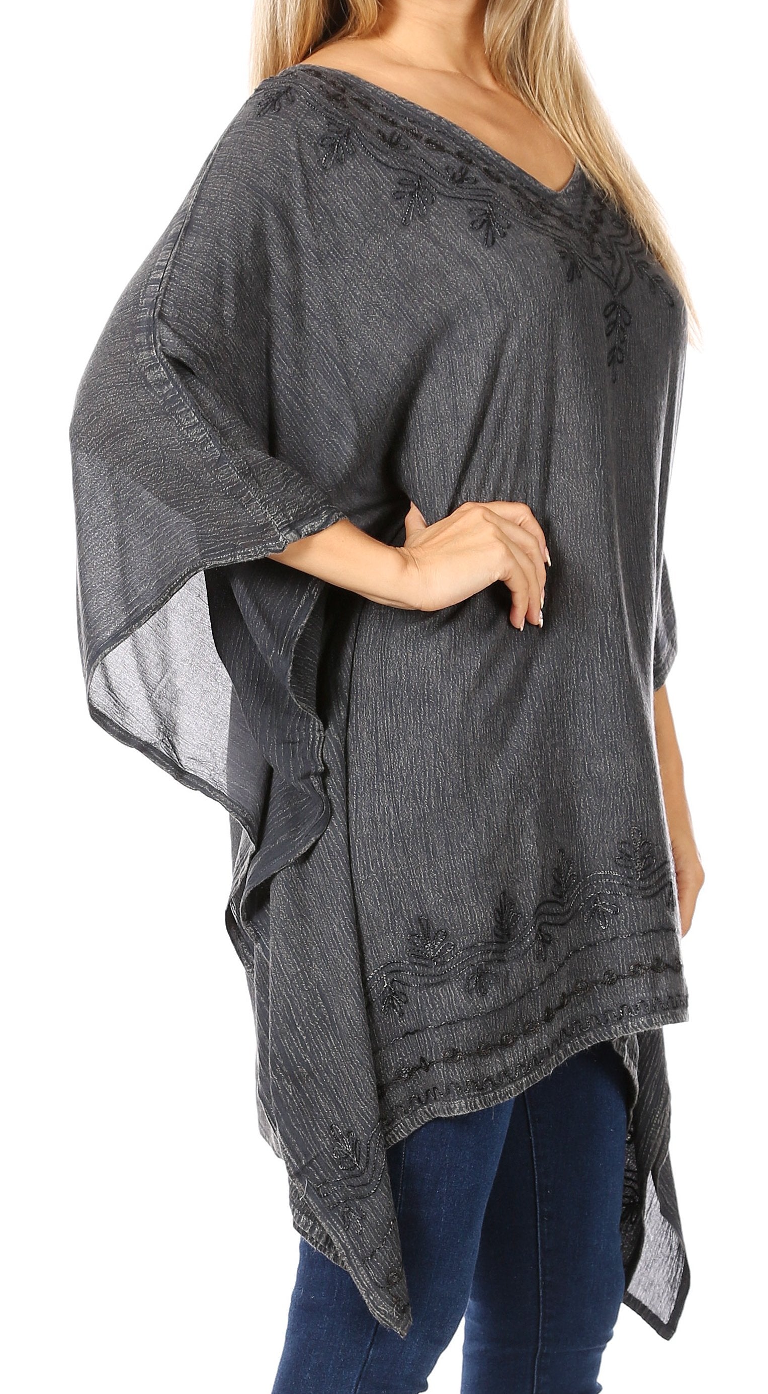 Sakkas - Wren Lightweight Circle Poncho Top Blouse With Detailed Embroidery