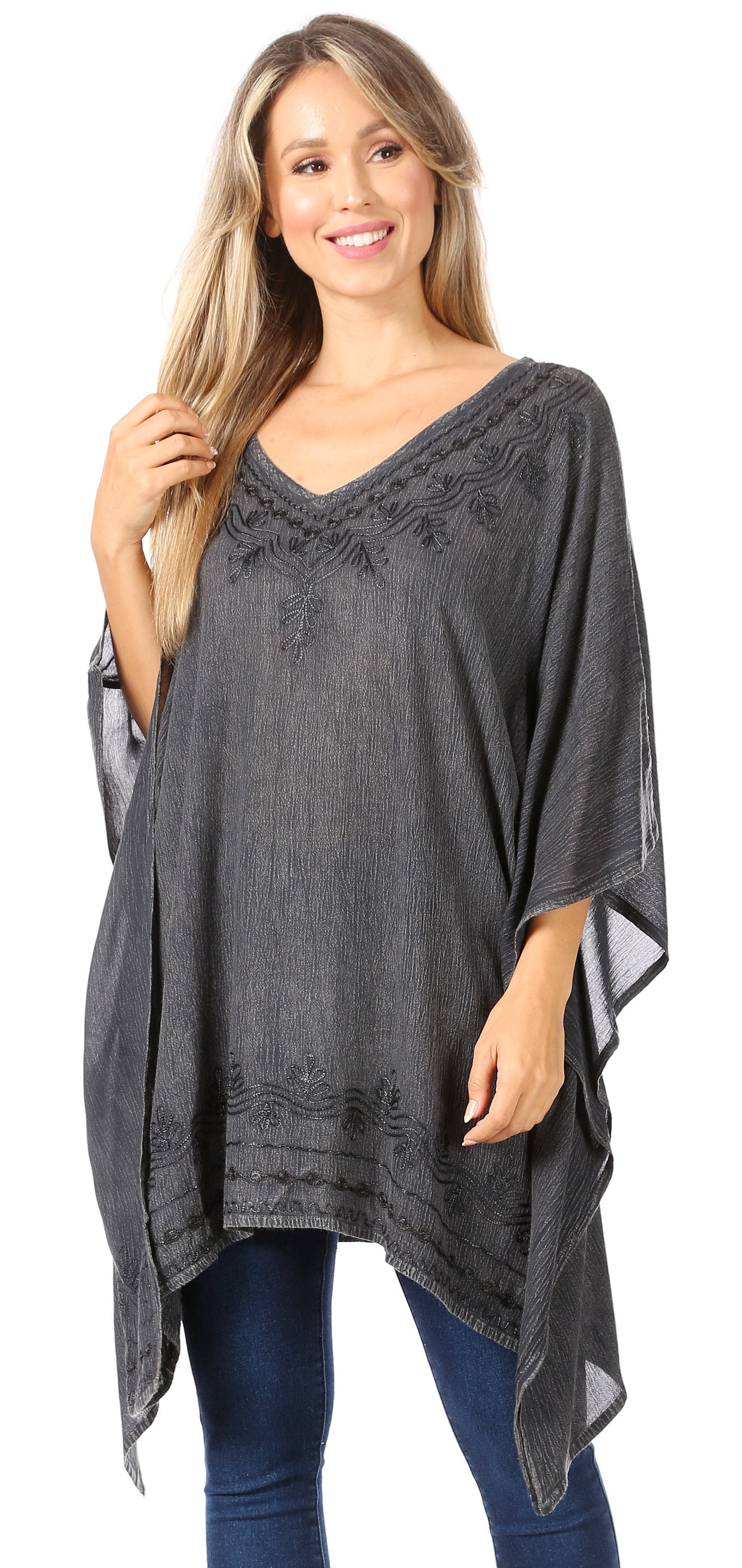 Sakkas - Wren Lightweight Circle Poncho Top Blouse With Detailed Embroidery