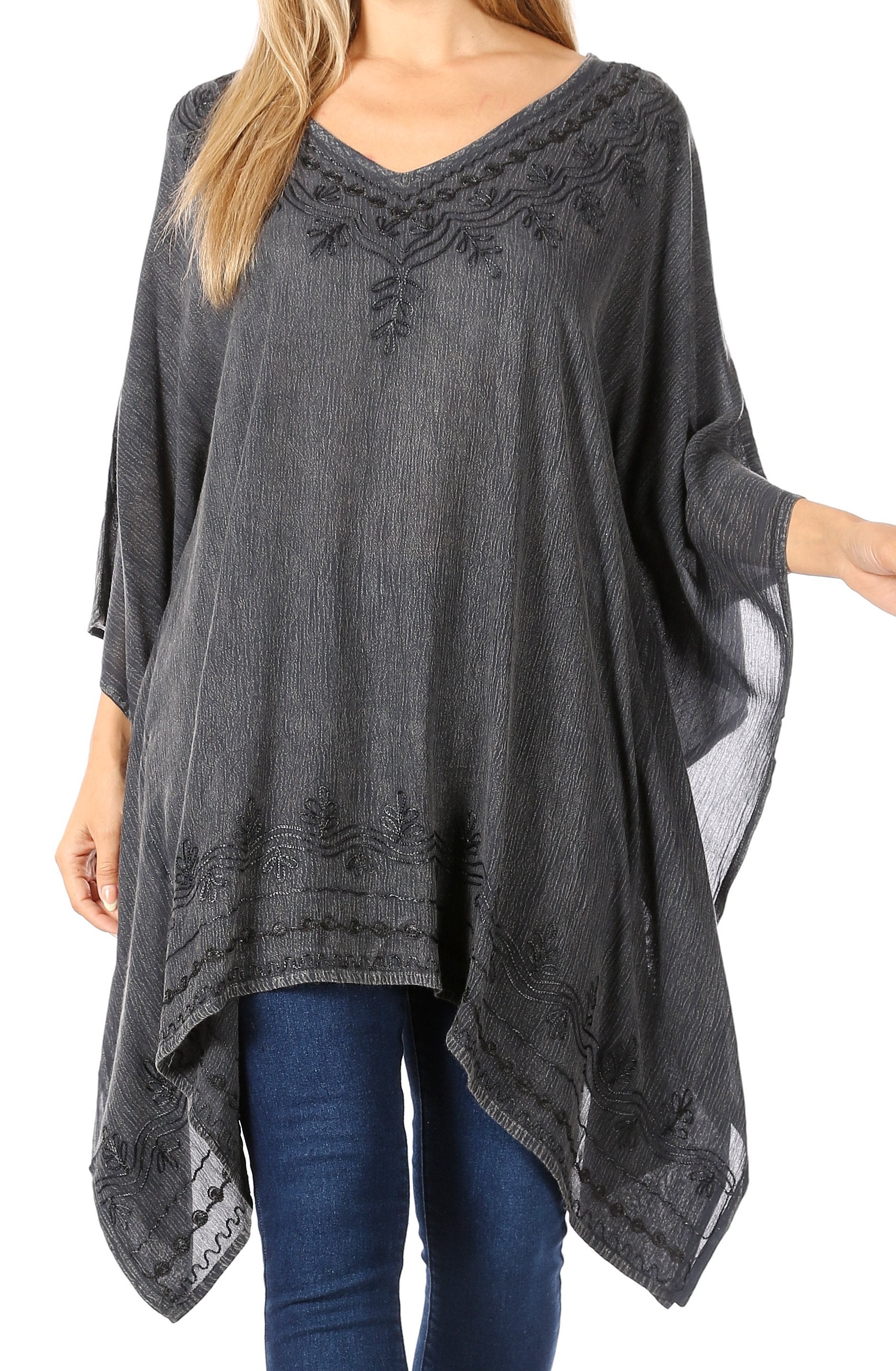 Sakkas - Wren Lightweight Circle Poncho Top Blouse With Detailed Embroidery