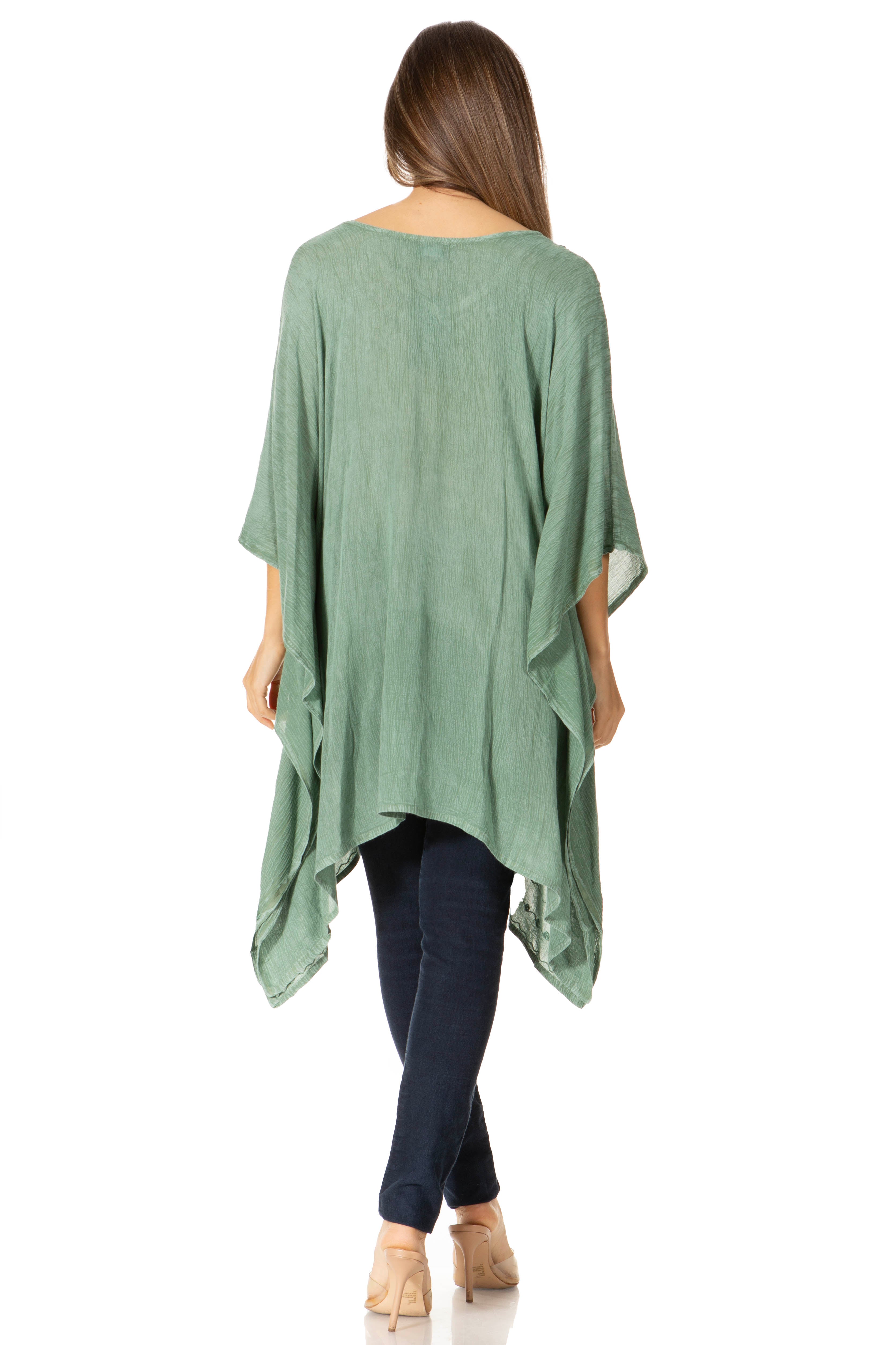 Sakkas - Wren Lightweight Circle Poncho Top Blouse With Detailed Embroidery