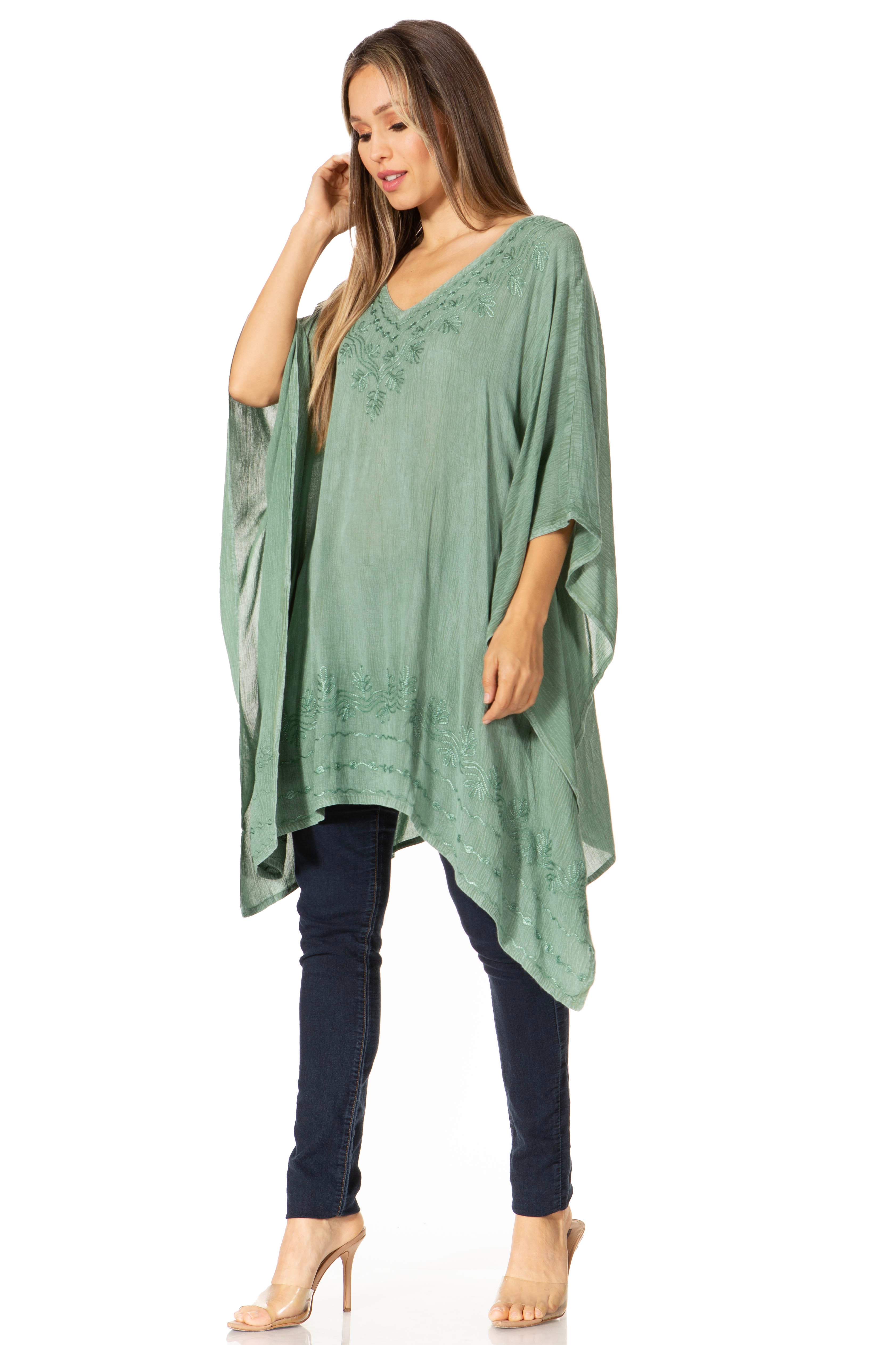 Sakkas - Wren Lightweight Circle Poncho Top Blouse With Detailed Embroidery