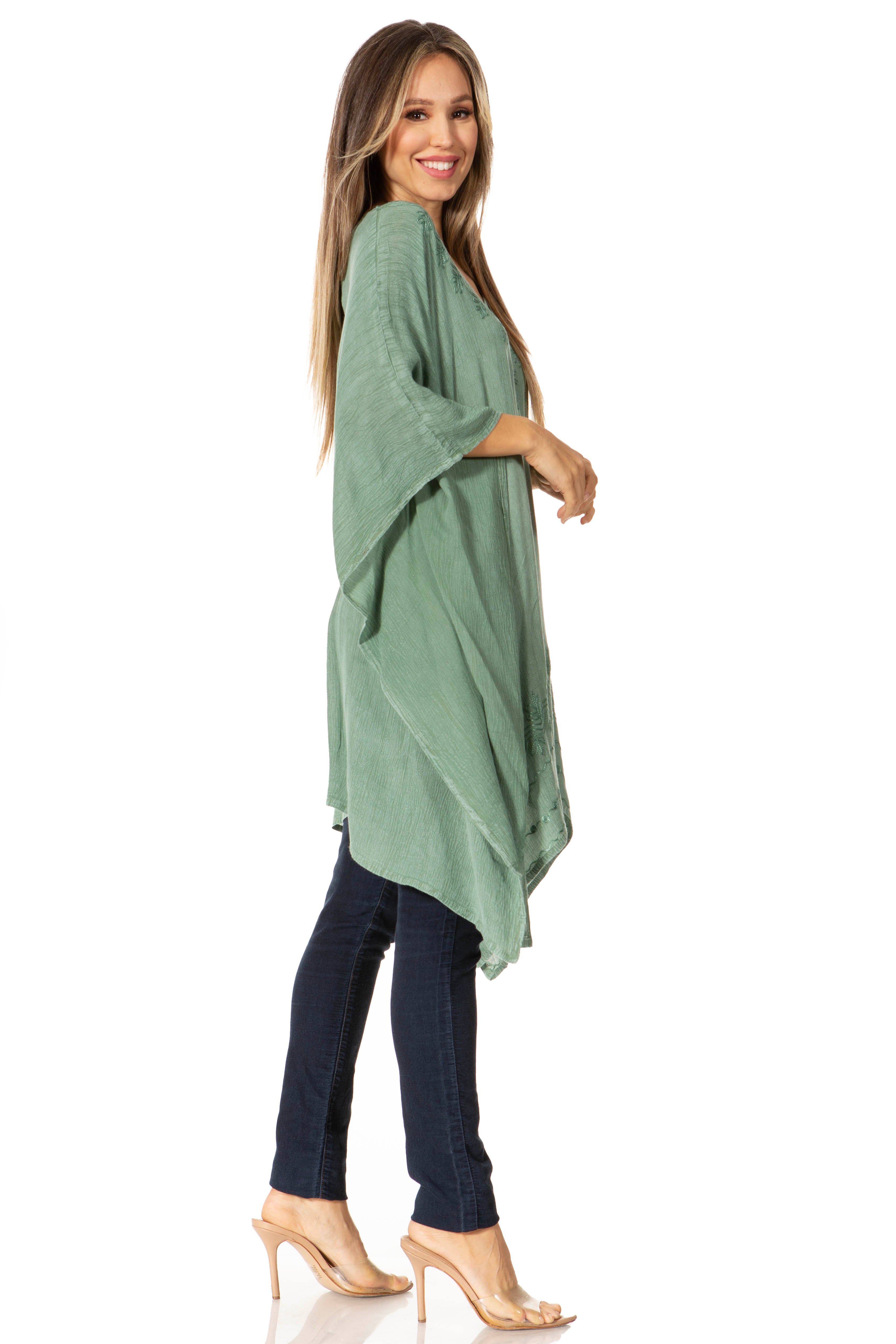 Sakkas - Wren Lightweight Circle Poncho Top Blouse With Detailed Embroidery