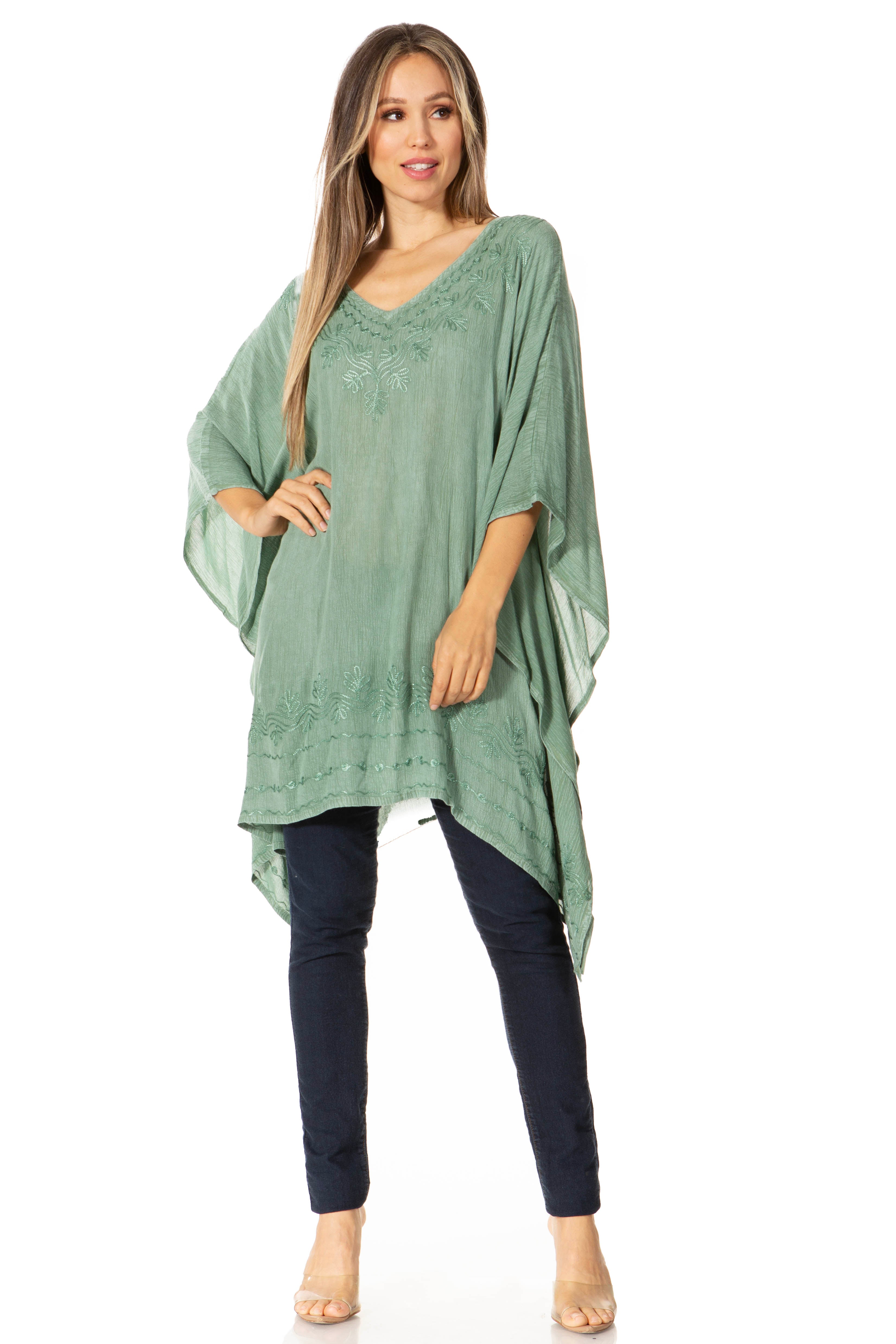 Sakkas - Wren Lightweight Circle Poncho Top Blouse With Detailed Embroidery