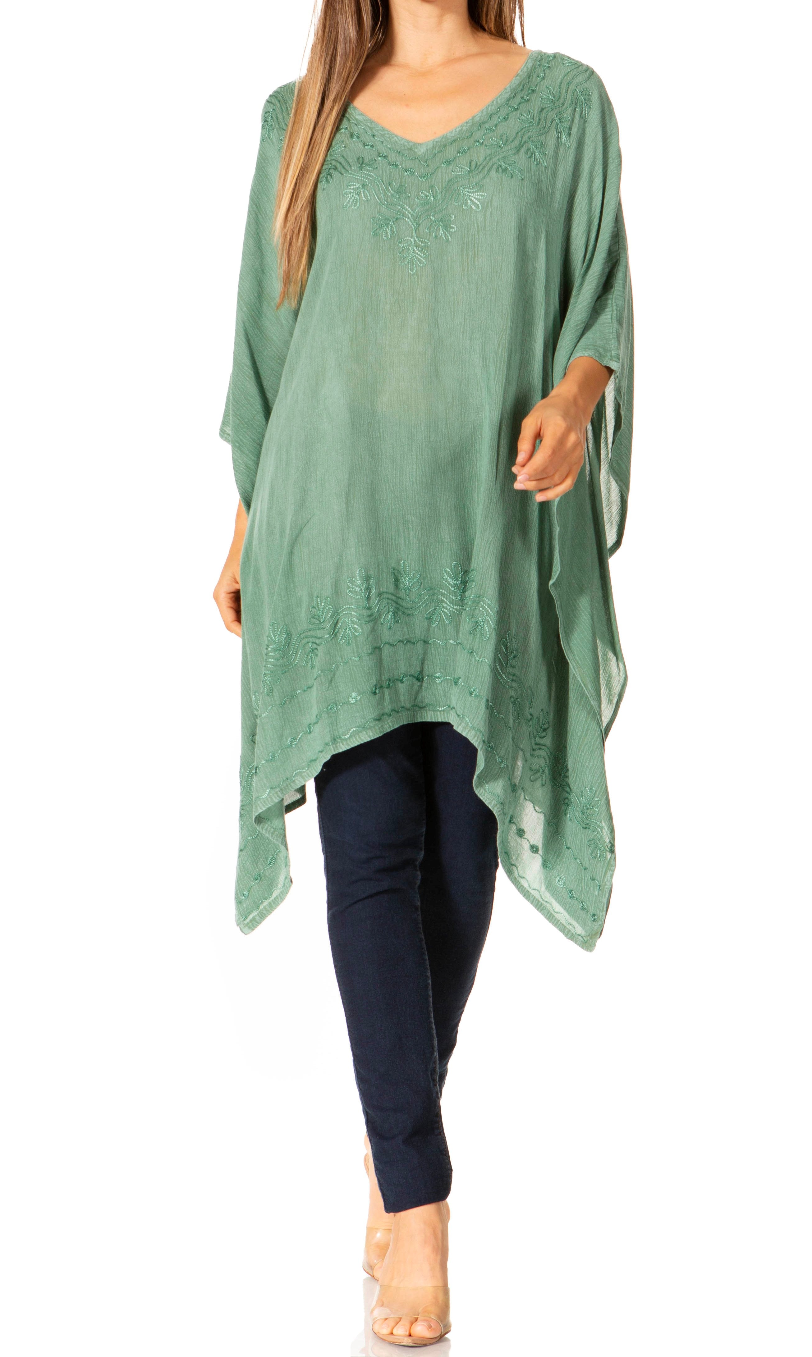 Sakkas - Wren Lightweight Circle Poncho Top Blouse With Detailed Embroidery