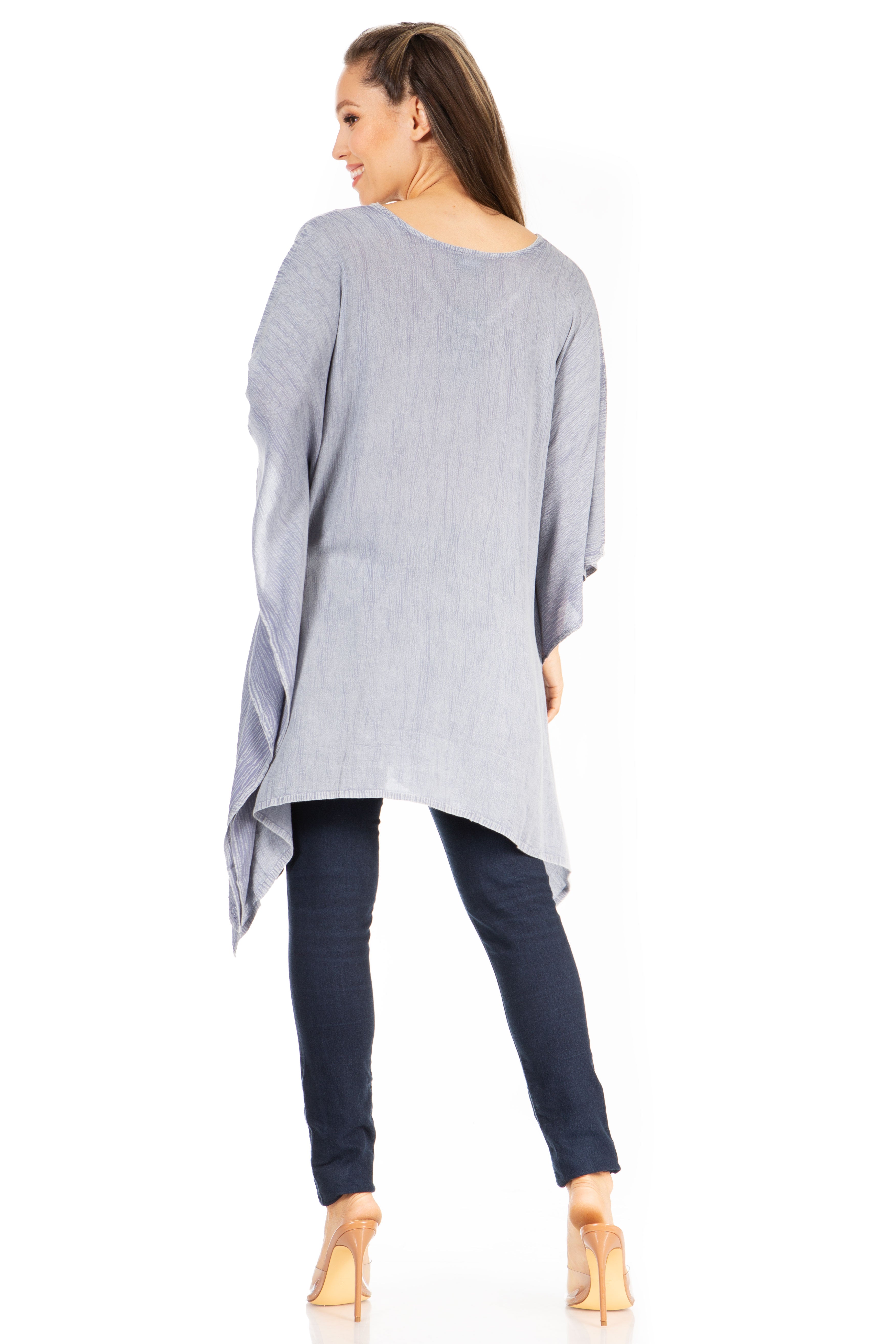 Sakkas - Wren Lightweight Circle Poncho Top Blouse With Detailed Embroidery