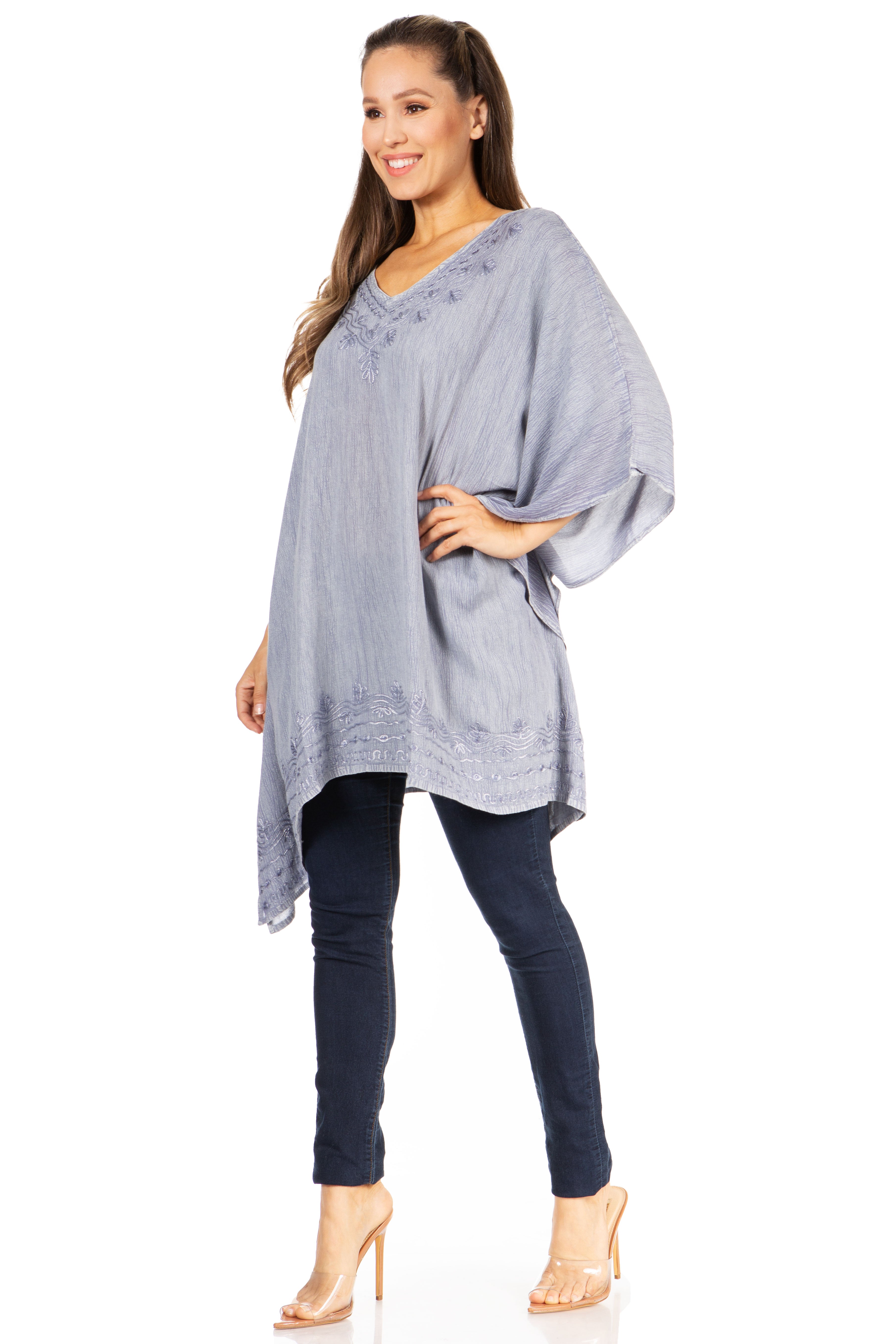 Sakkas - Wren Lightweight Circle Poncho Top Blouse With Detailed Embroidery