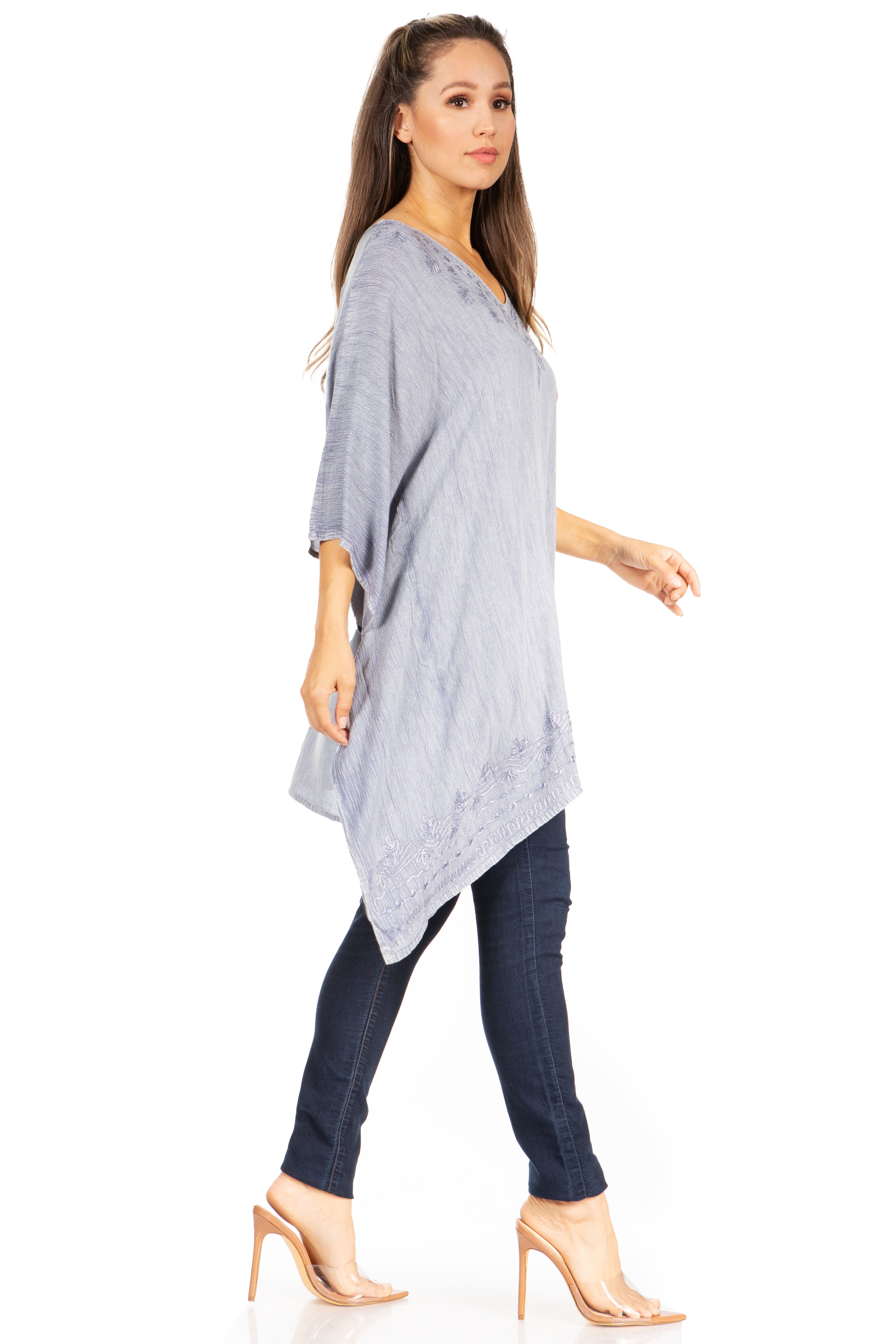 Sakkas - Wren Lightweight Circle Poncho Top Blouse With Detailed Embroidery