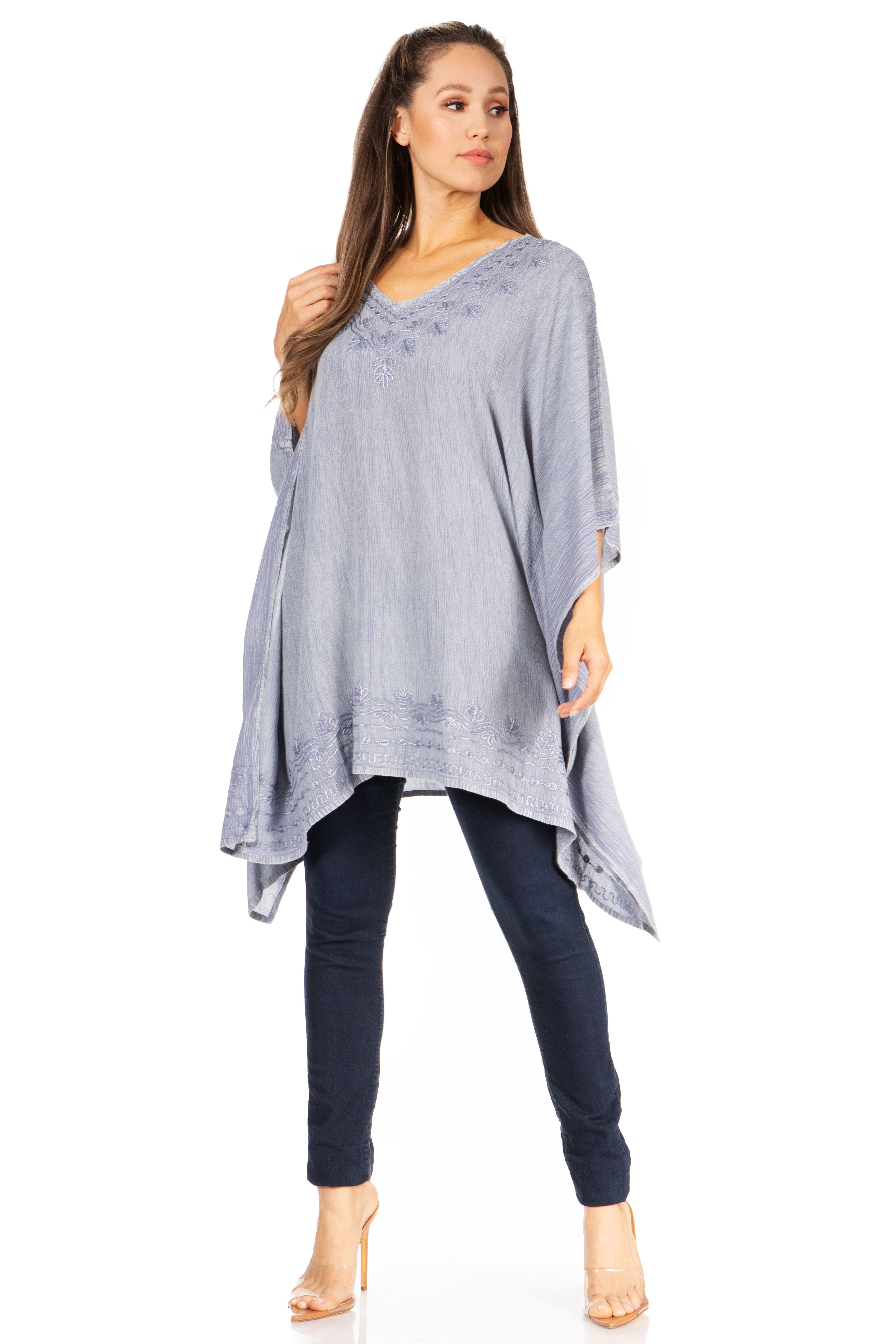 Sakkas - Wren Lightweight Circle Poncho Top Blouse With Detailed Embroidery