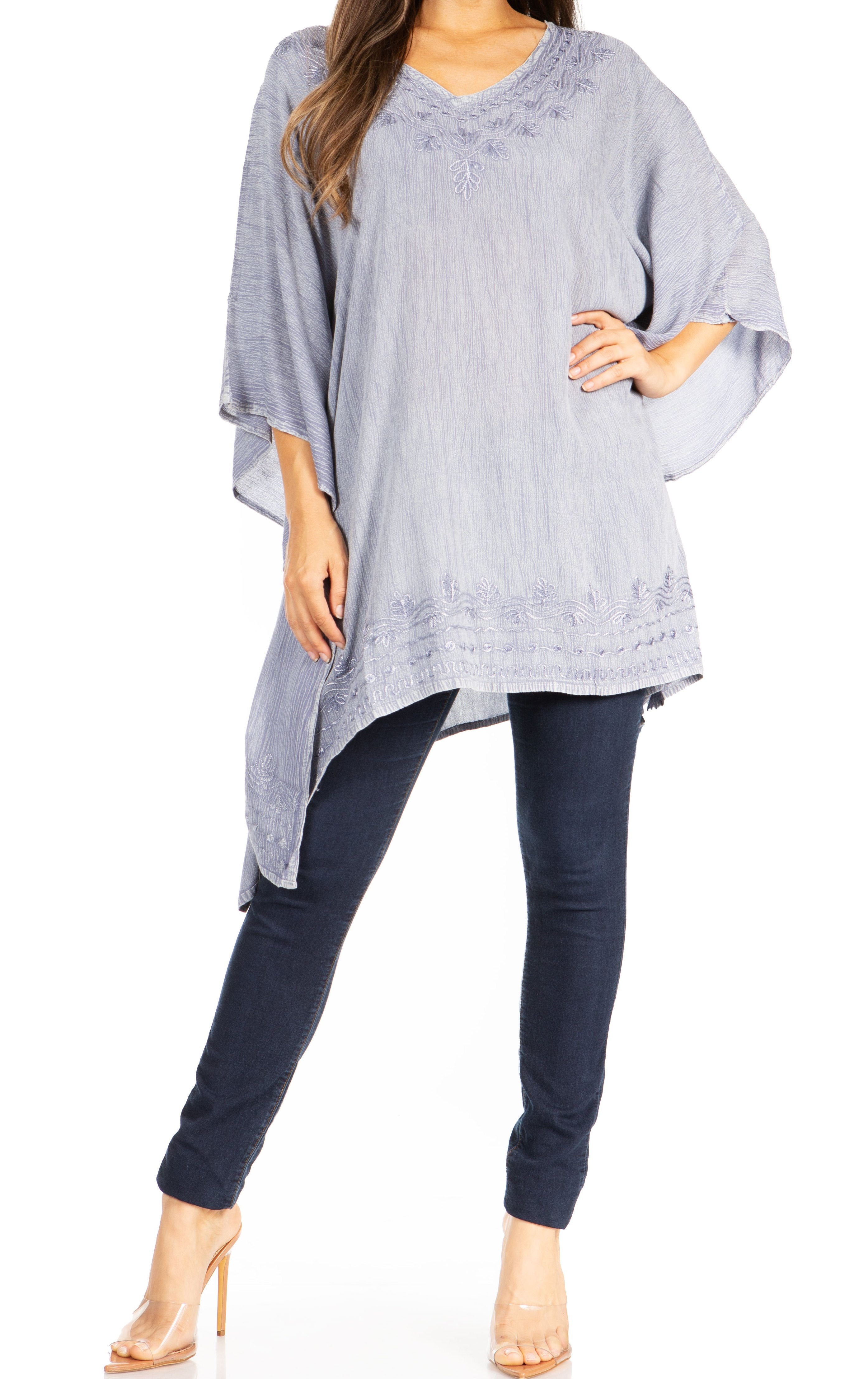 Sakkas - Wren Lightweight Circle Poncho Top Blouse With Detailed Embroidery