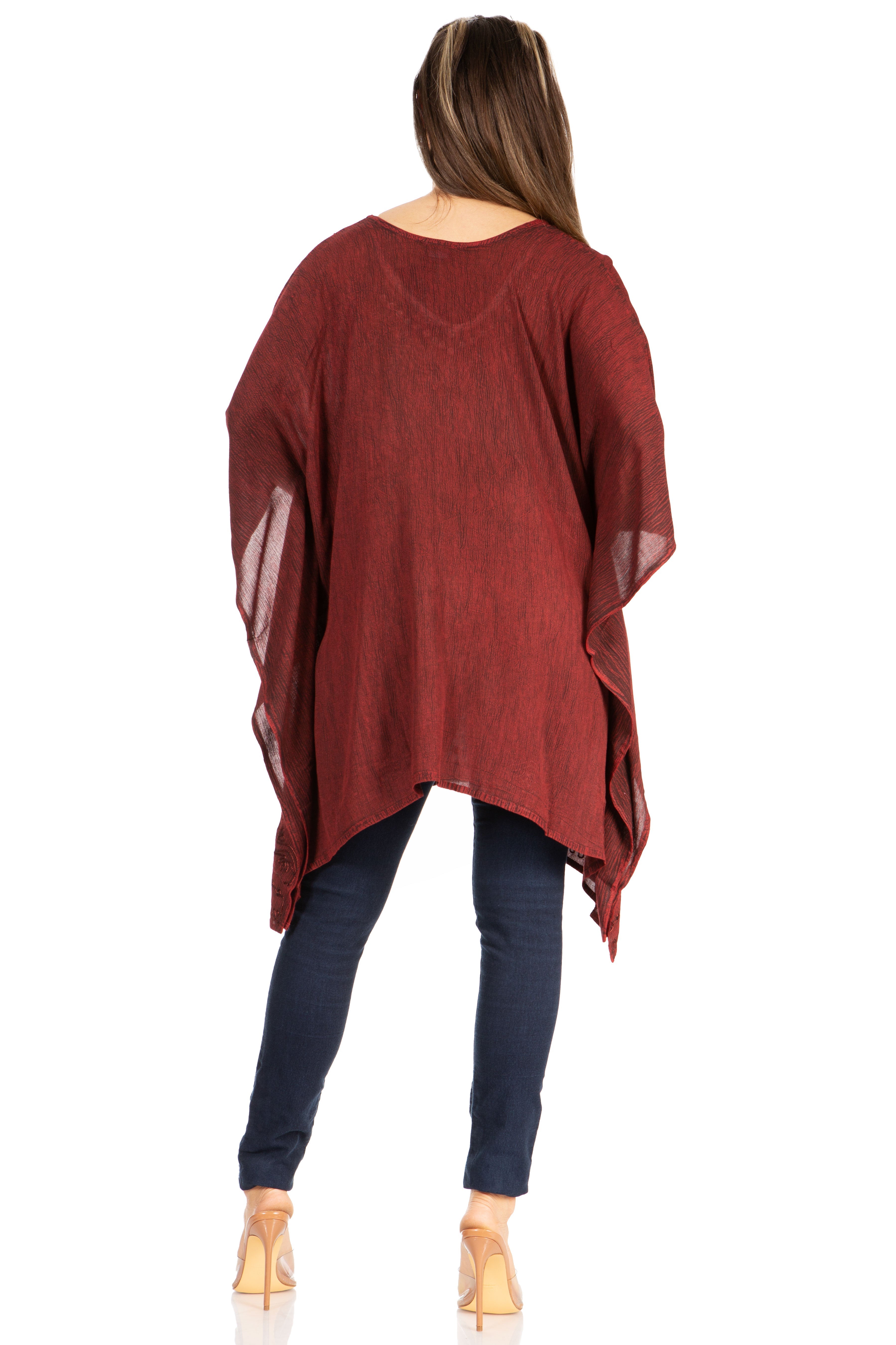 Sakkas - Wren Lightweight Circle Poncho Top Blouse With Detailed Embroidery