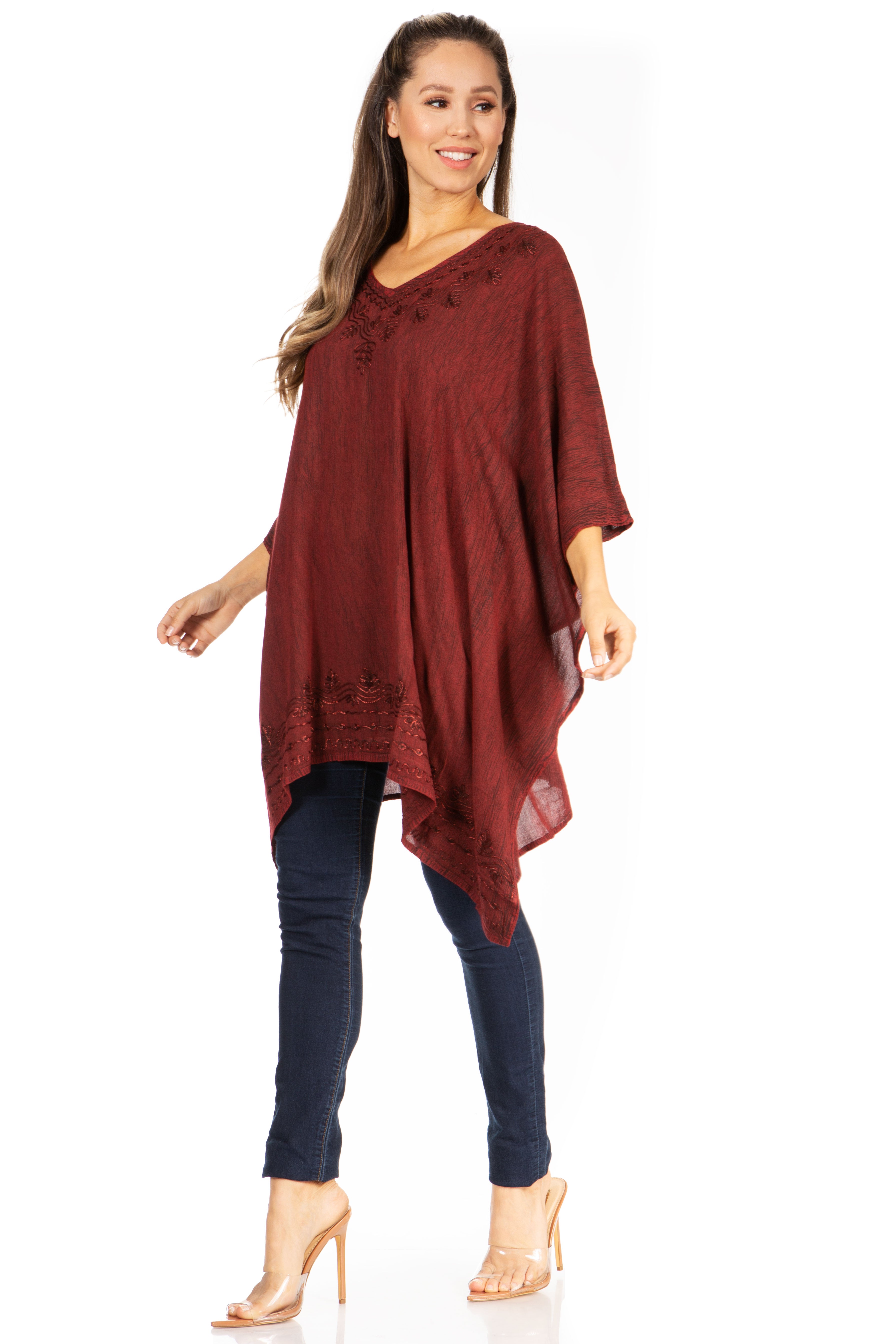 Sakkas - Wren Lightweight Circle Poncho Top Blouse With Detailed Embroidery