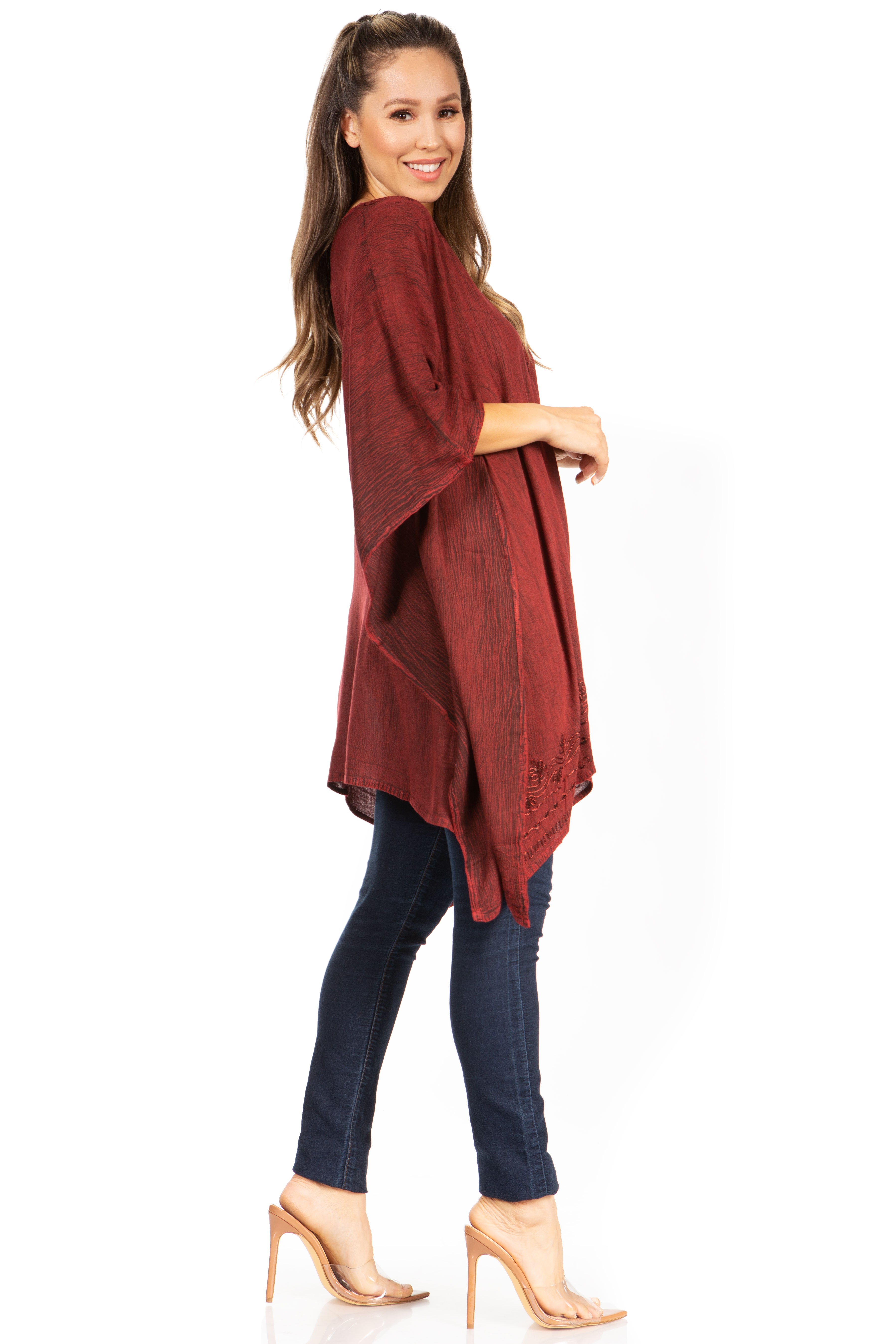 Sakkas - Wren Lightweight Circle Poncho Top Blouse With Detailed Embroidery