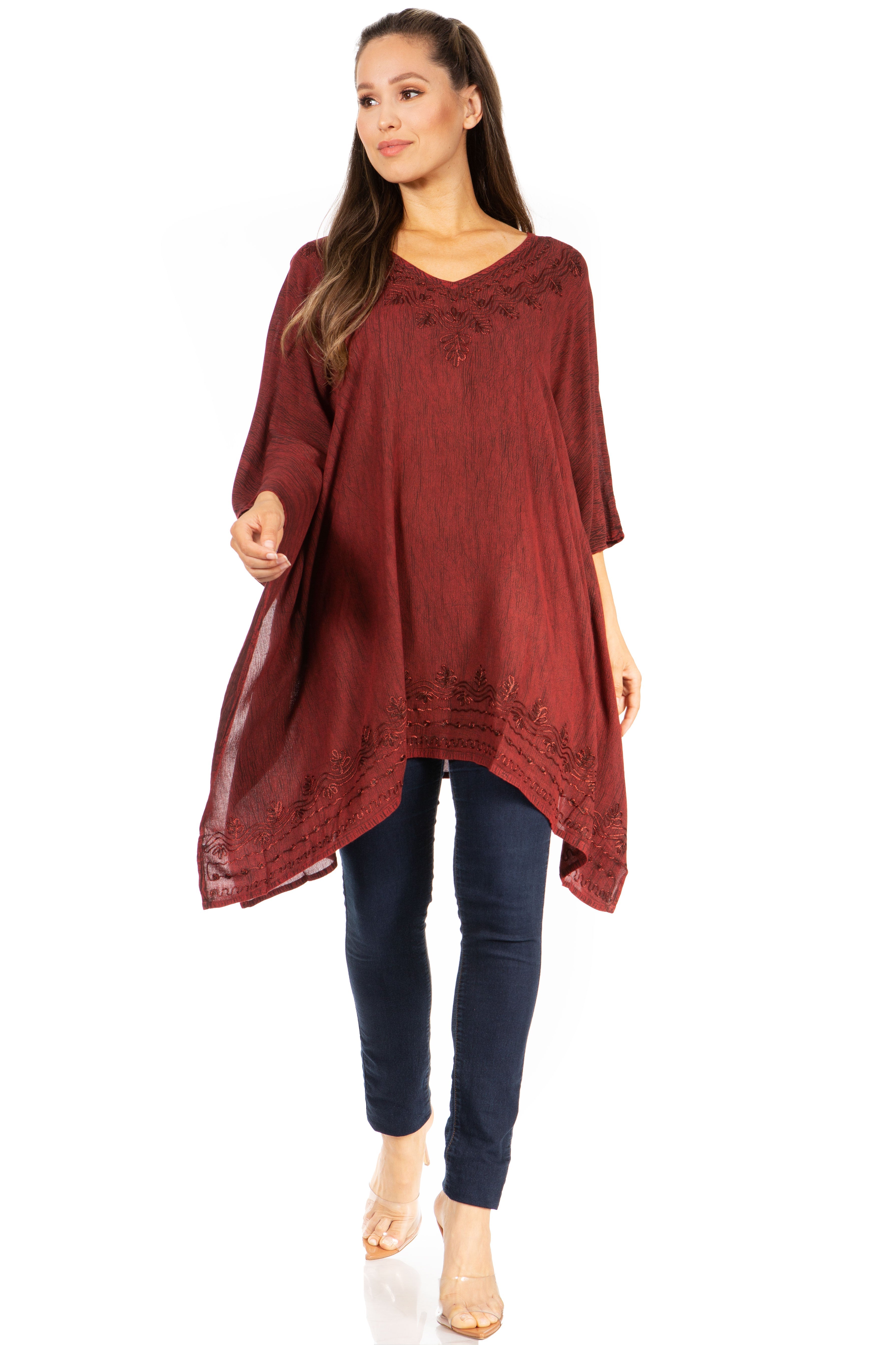 Sakkas - Wren Lightweight Circle Poncho Top Blouse With Detailed Embroidery