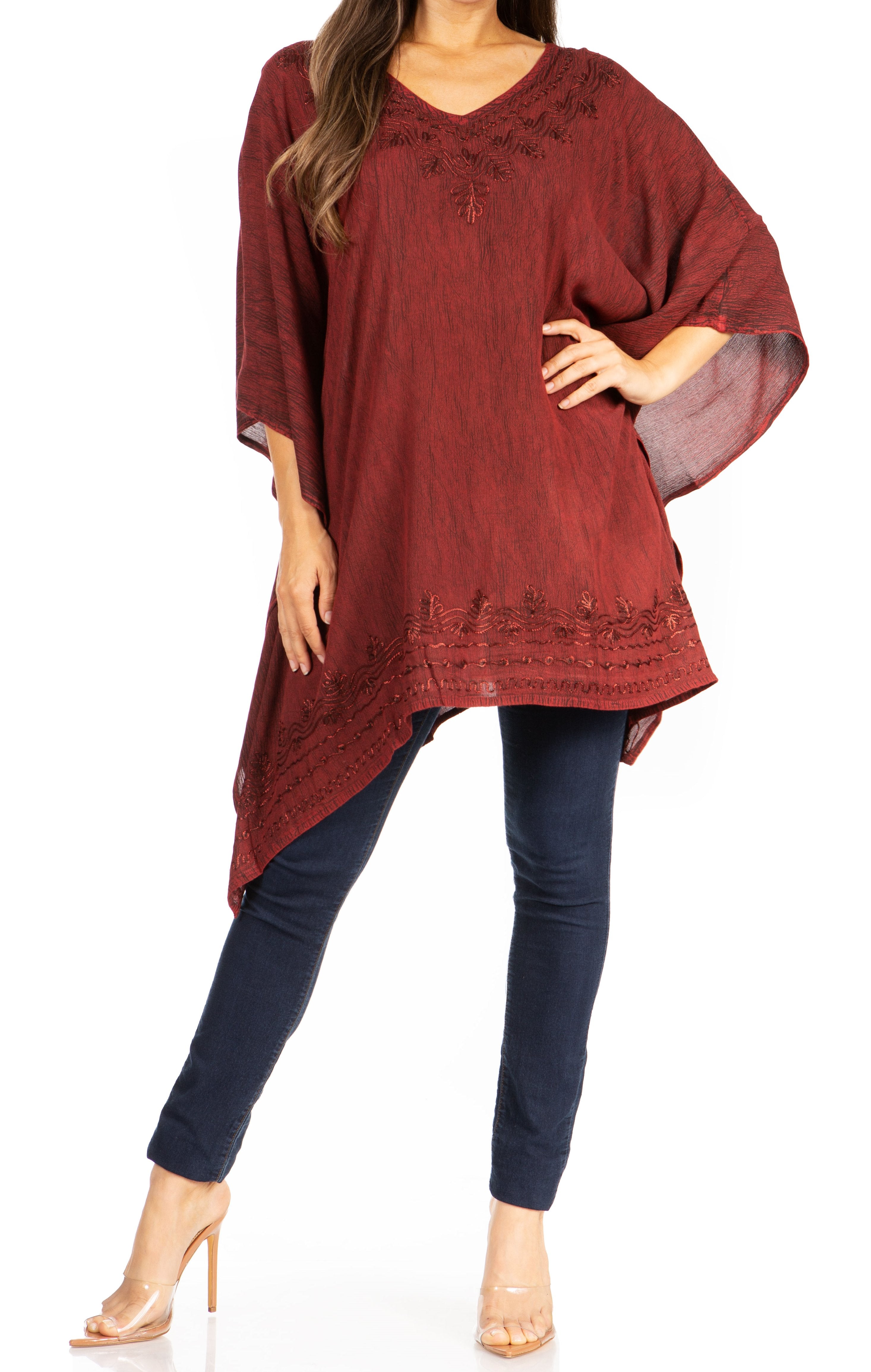 Sakkas - Wren Lightweight Circle Poncho Top Blouse With Detailed Embroidery