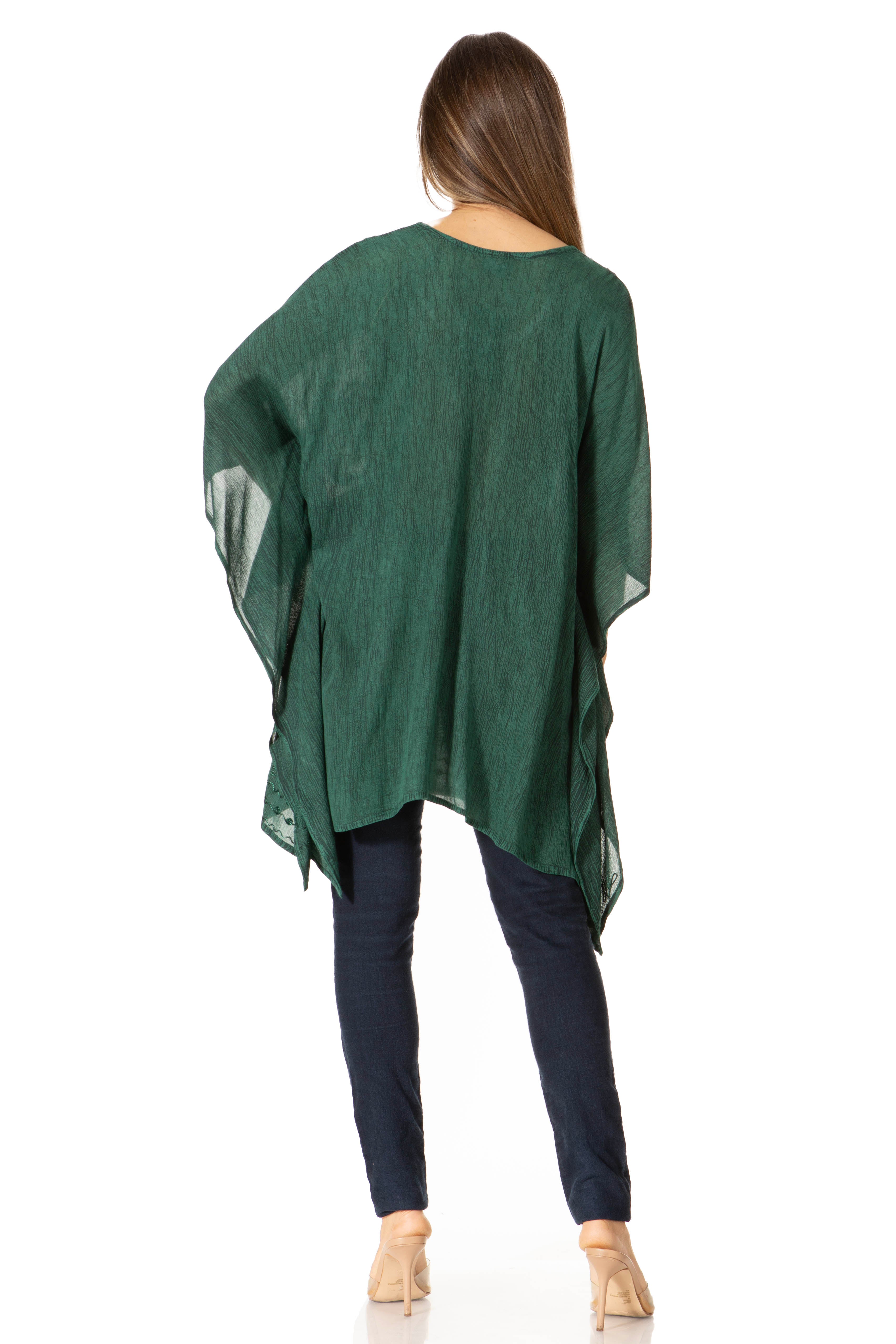 Sakkas - Wren Lightweight Circle Poncho Top Blouse With Detailed Embroidery