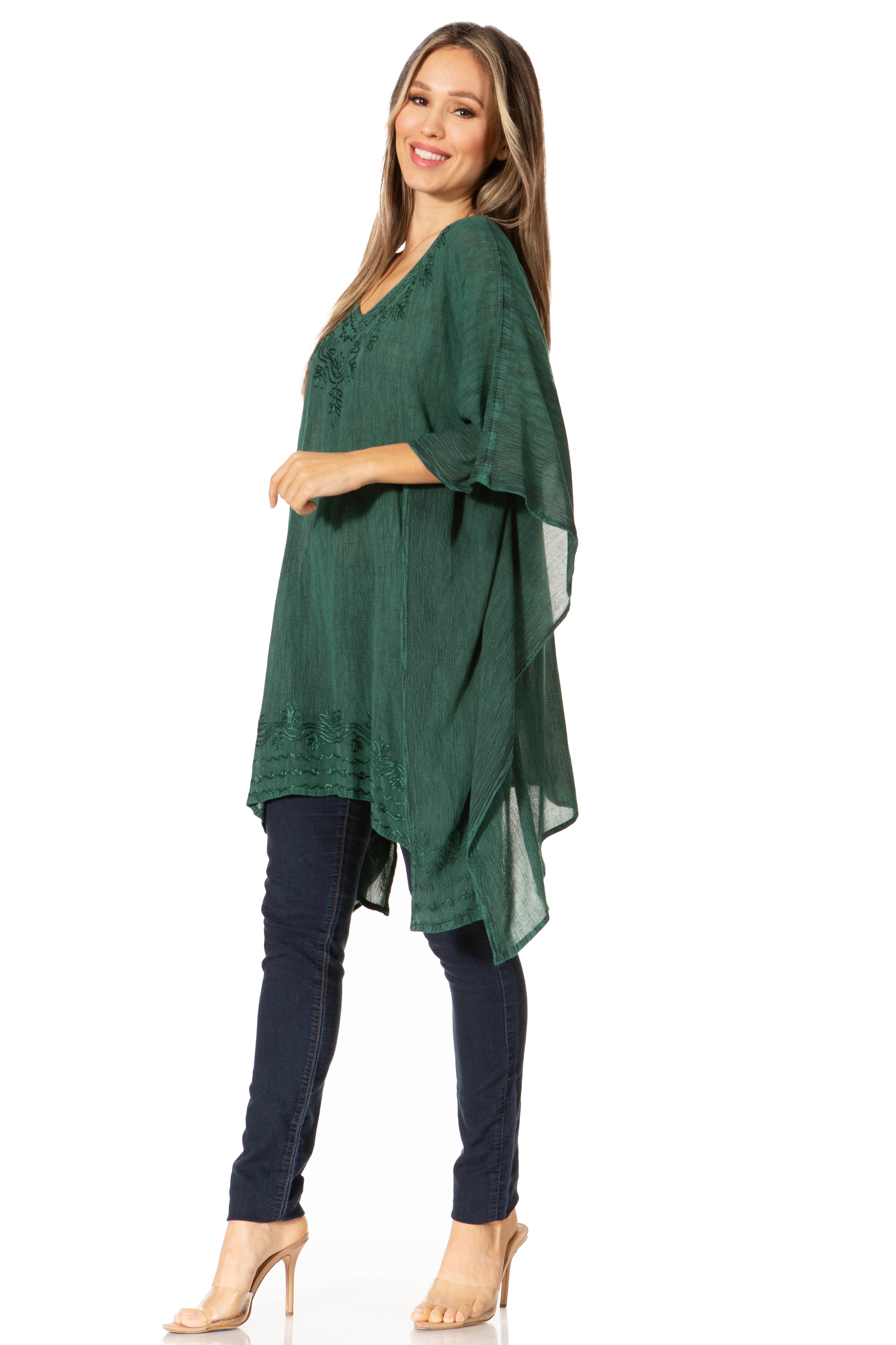 Woman wearing a green dress with a white background