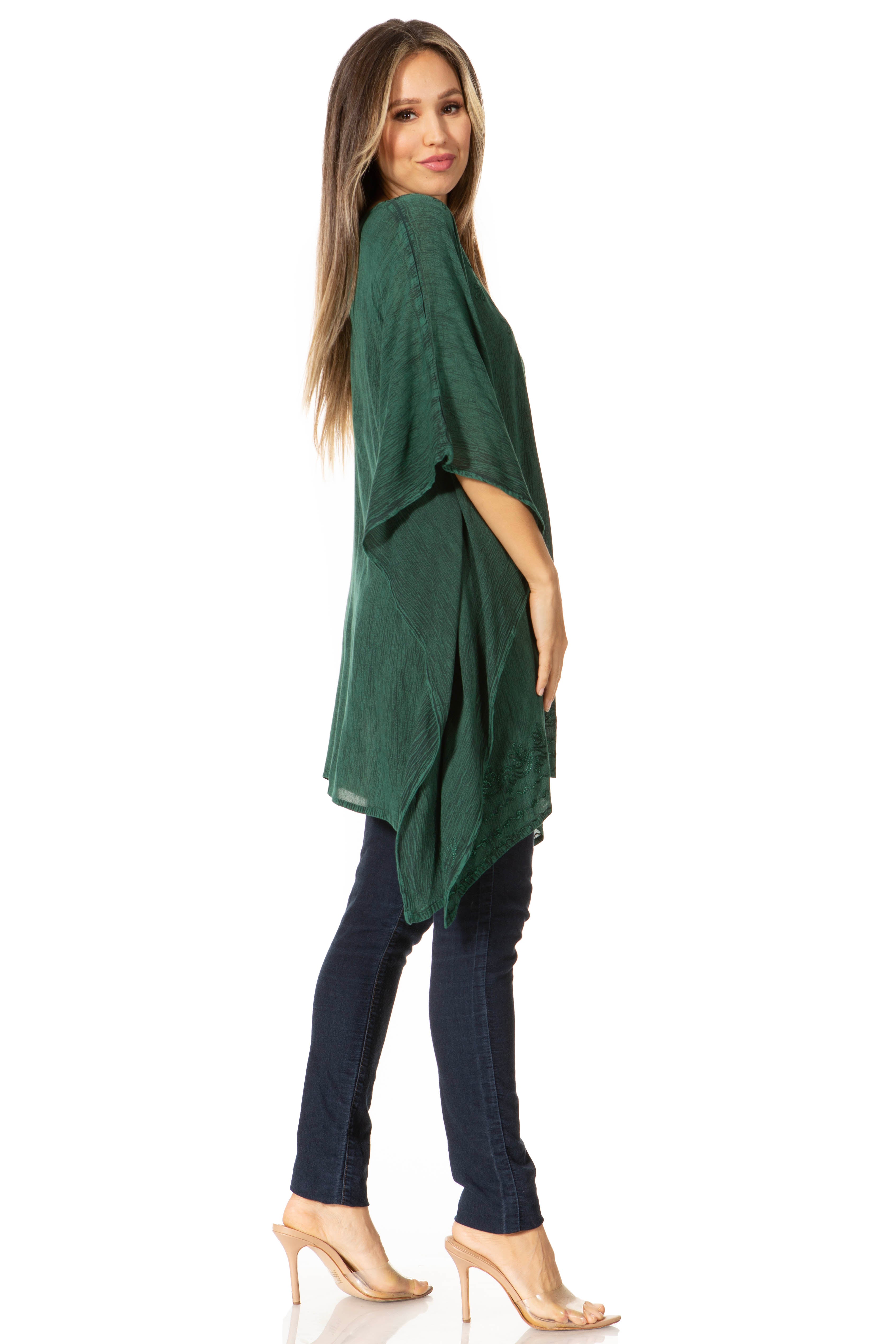 Sakkas - Wren Lightweight Circle Poncho Top Blouse With Detailed Embroidery