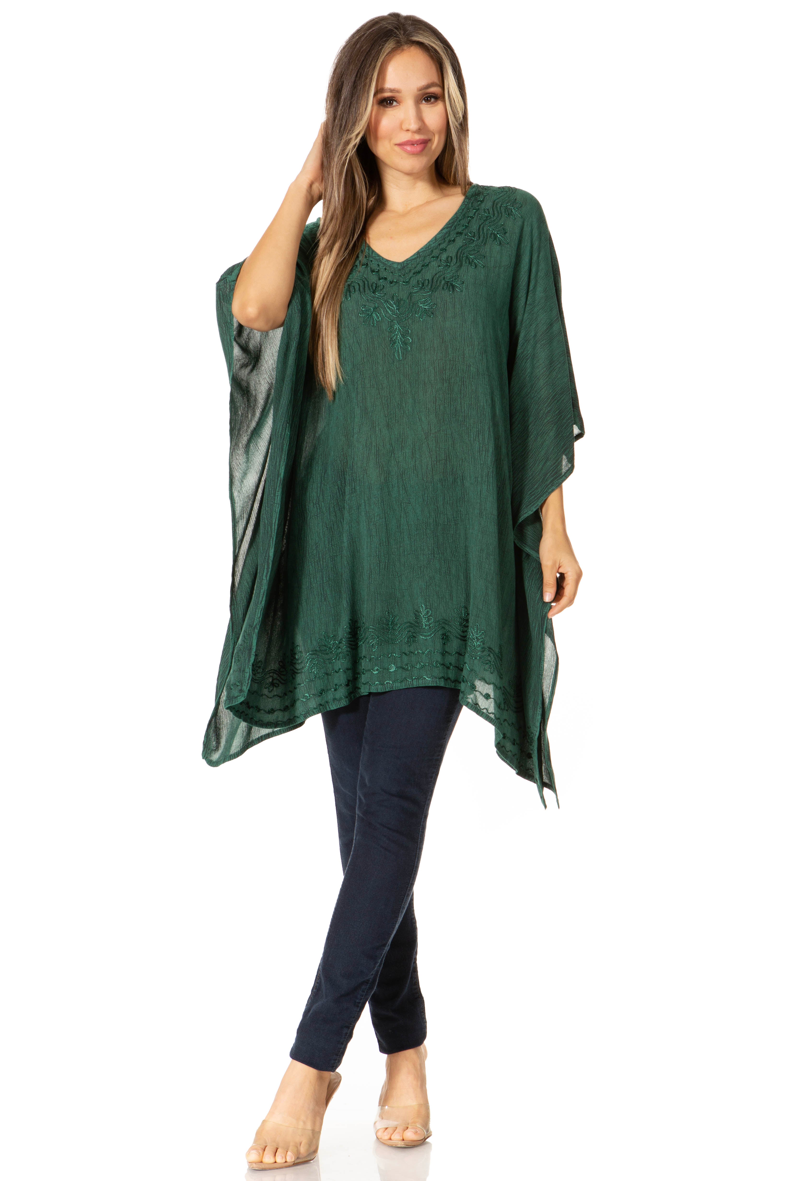 Sakkas - Wren Lightweight Circle Poncho Top Blouse With Detailed Embroidery