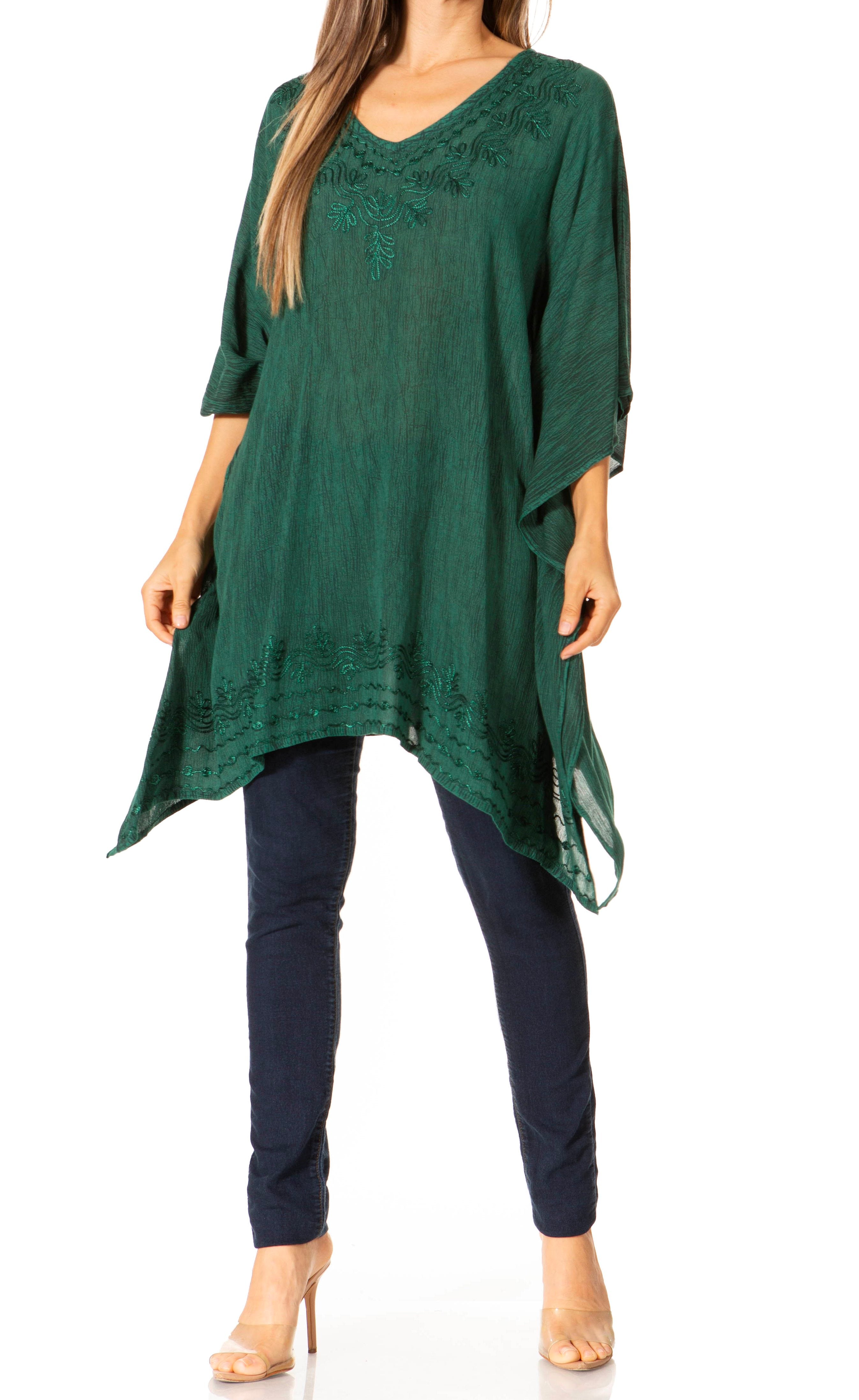 Sakkas - Wren Lightweight Circle Poncho Top Blouse With Detailed Embroidery