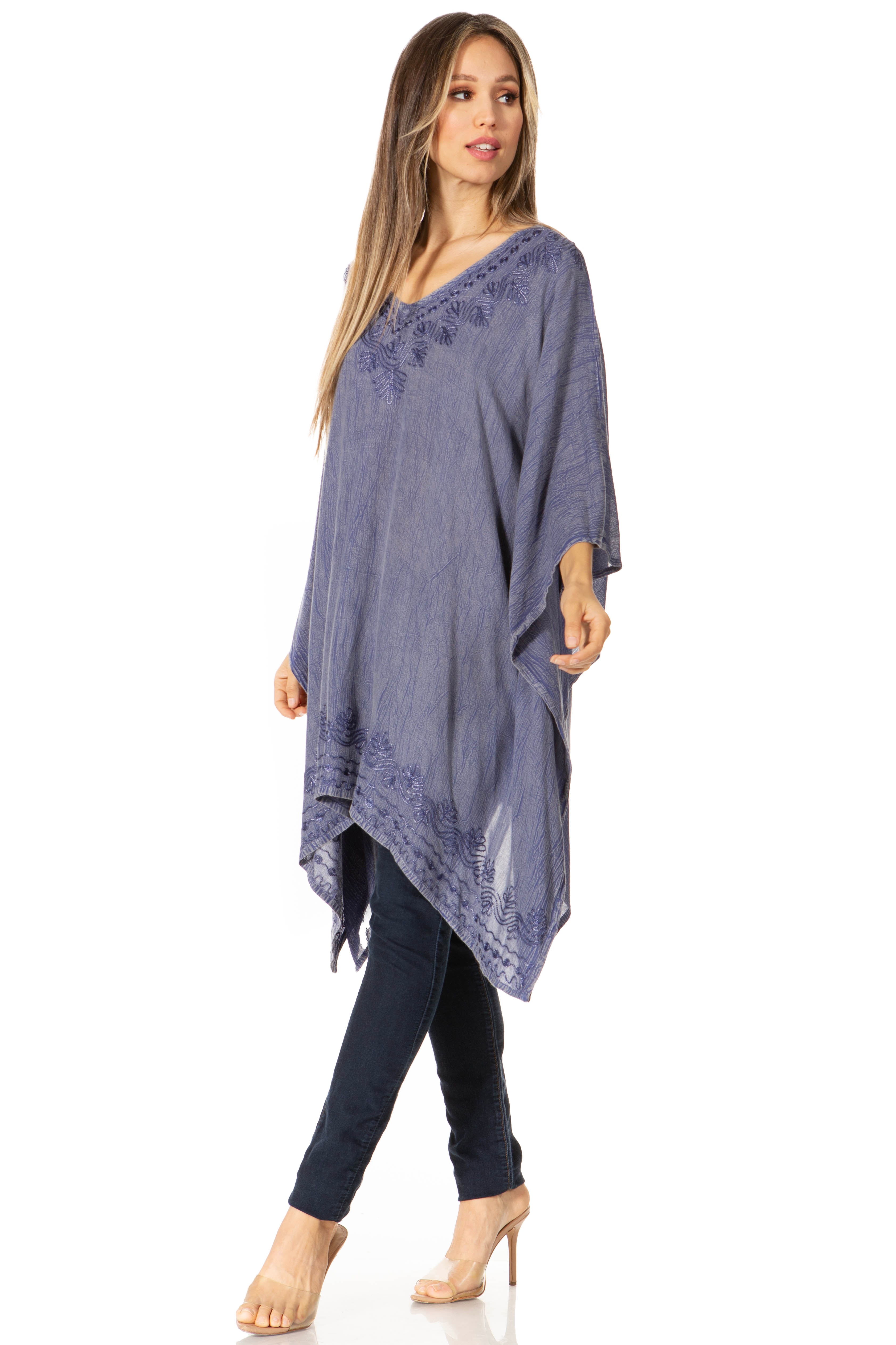 Sakkas - Wren Lightweight Circle Poncho Top Blouse With Detailed Embroidery