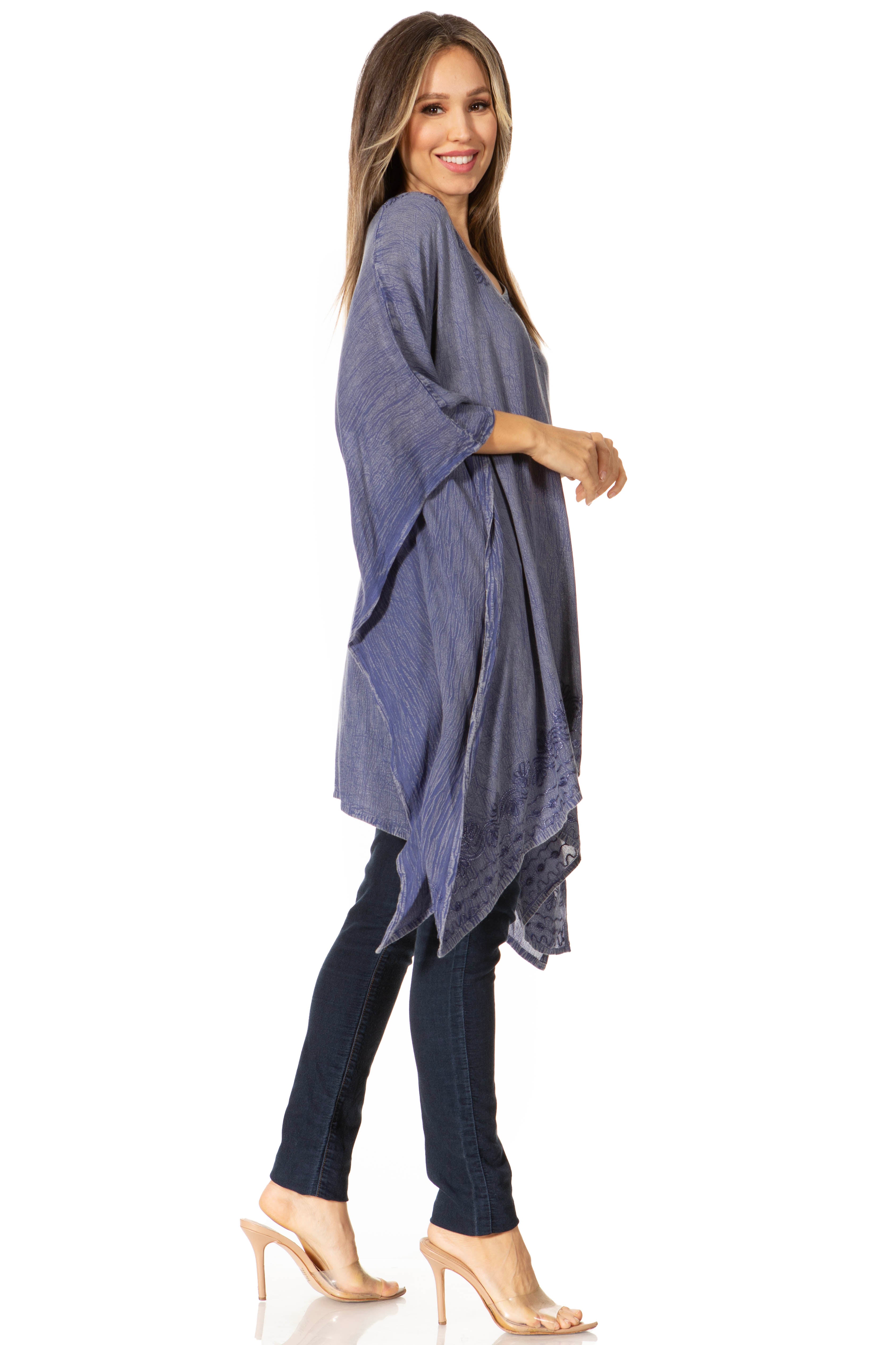 Sakkas - Wren Lightweight Circle Poncho Top Blouse With Detailed Embroidery
