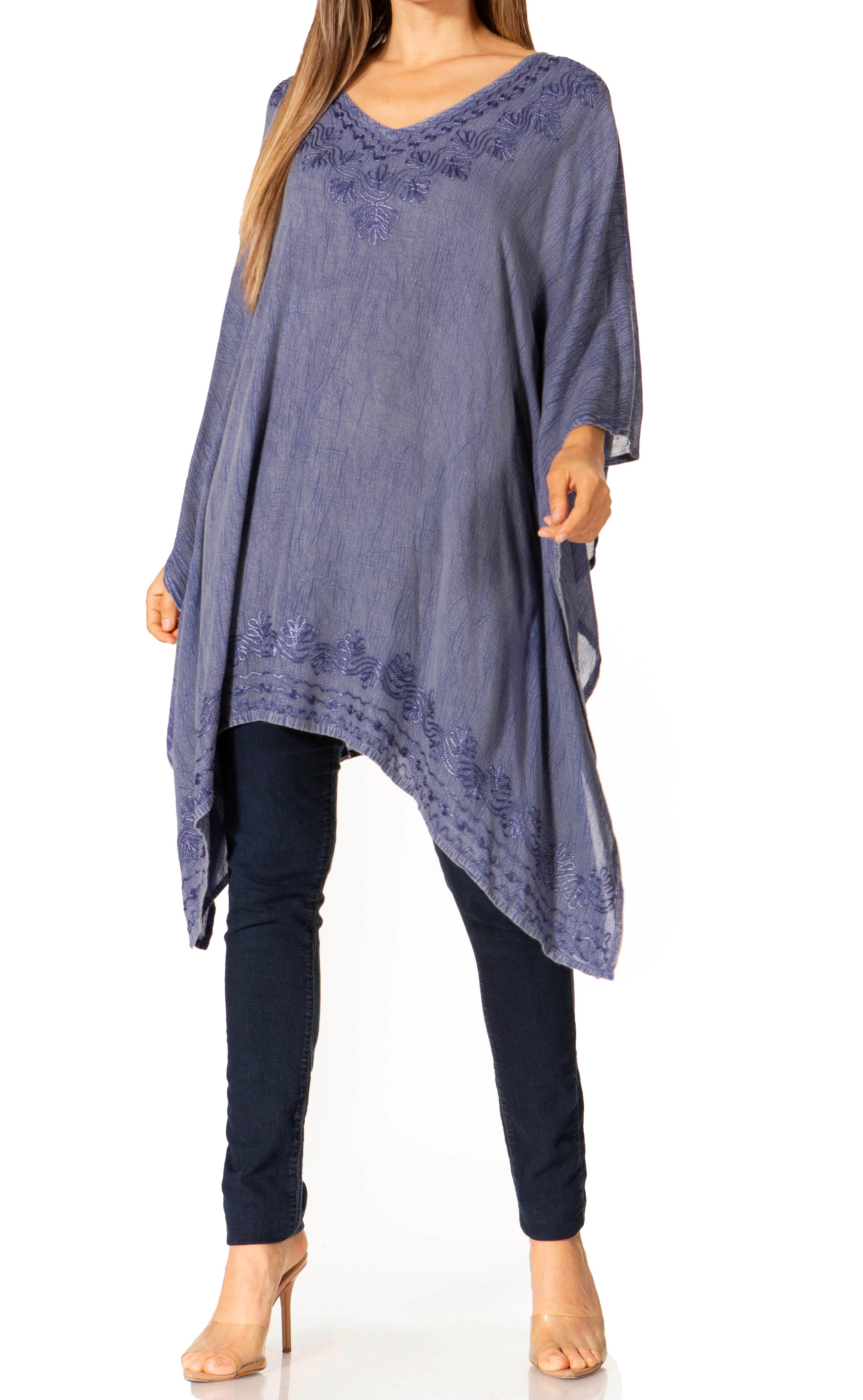 Sakkas - Wren Lightweight Circle Poncho Top Blouse With Detailed Embroidery