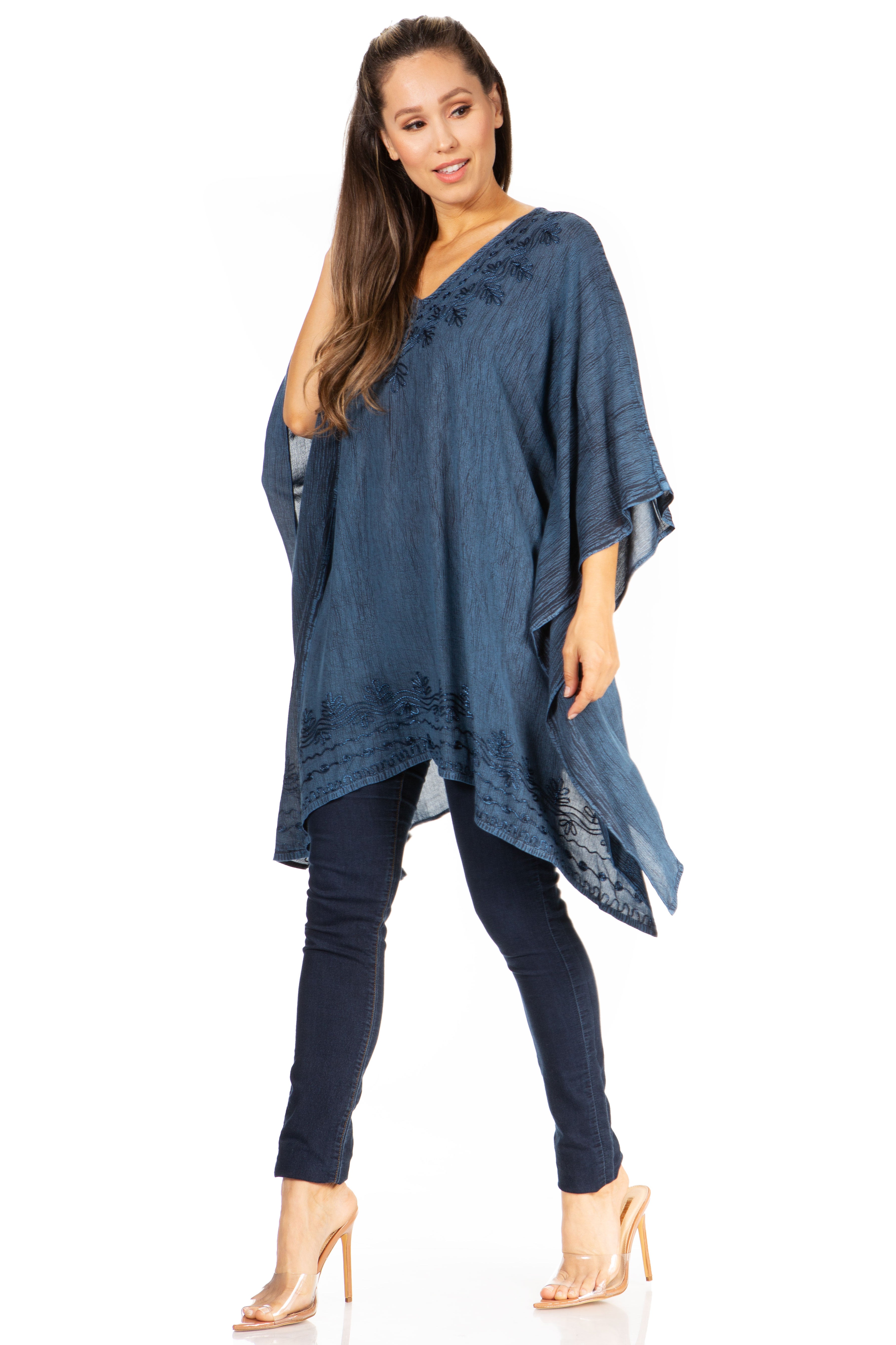 Sakkas - Wren Lightweight Circle Poncho Top Blouse With Detailed Embroidery