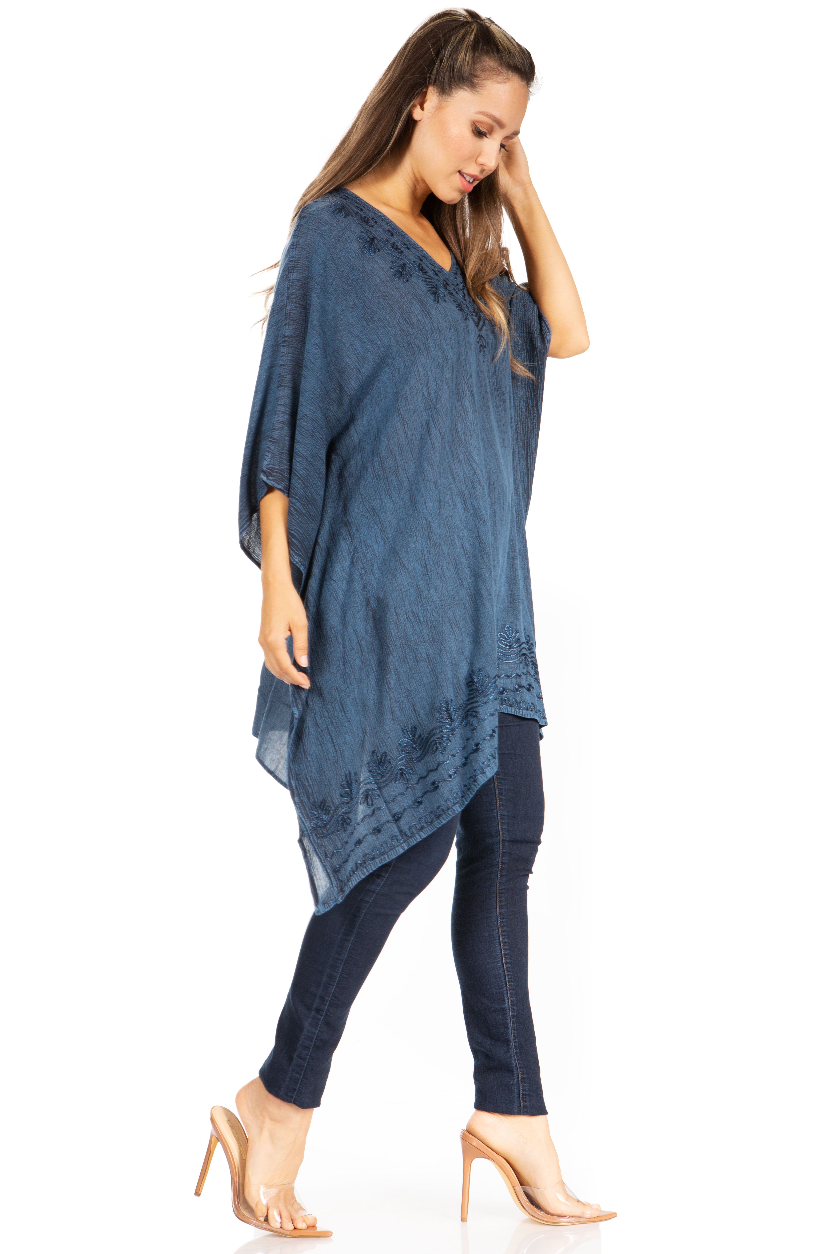 Sakkas - Wren Lightweight Circle Poncho Top Blouse With Detailed Embroidery