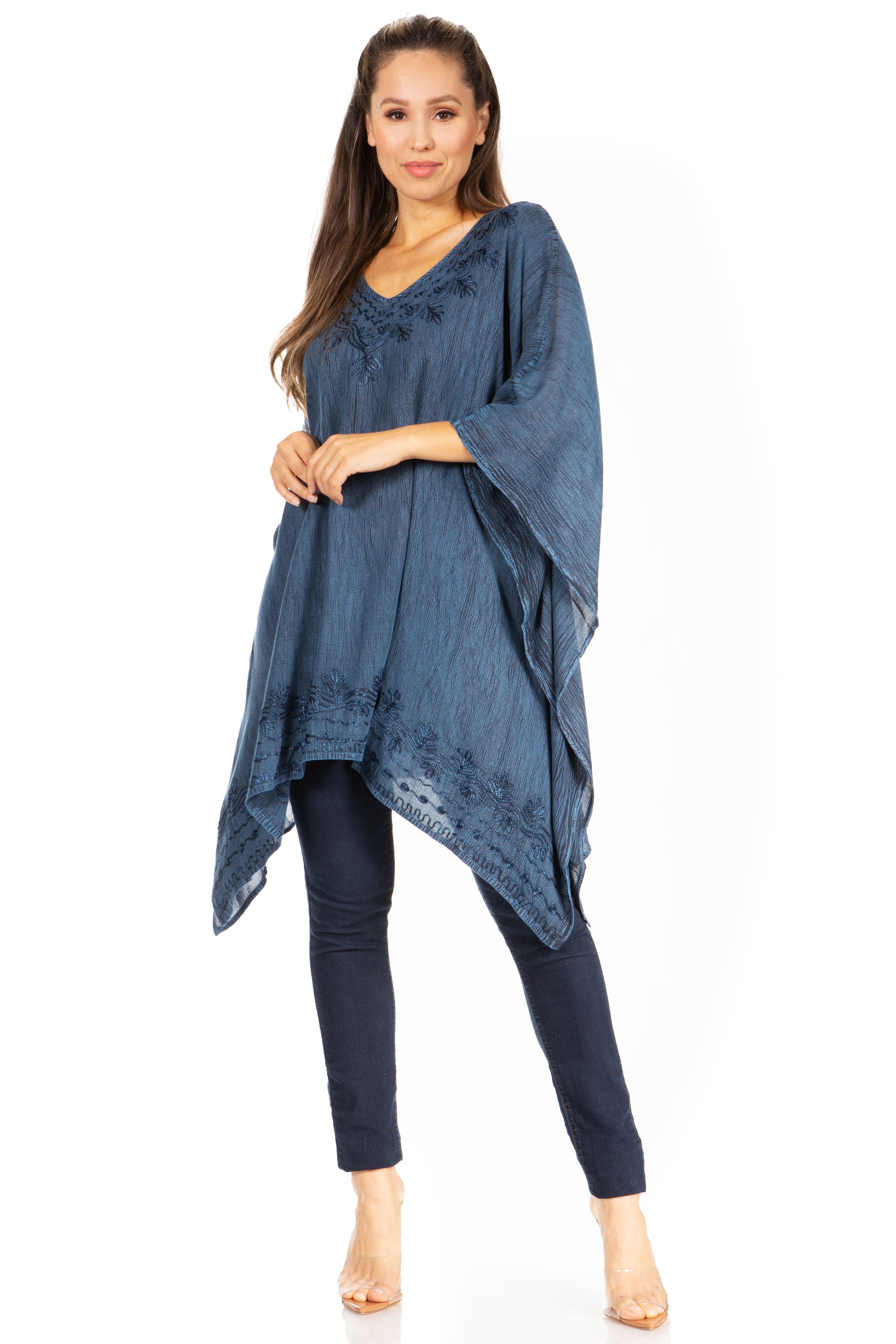 Sakkas - Wren Lightweight Circle Poncho Top Blouse With Detailed Embroidery
