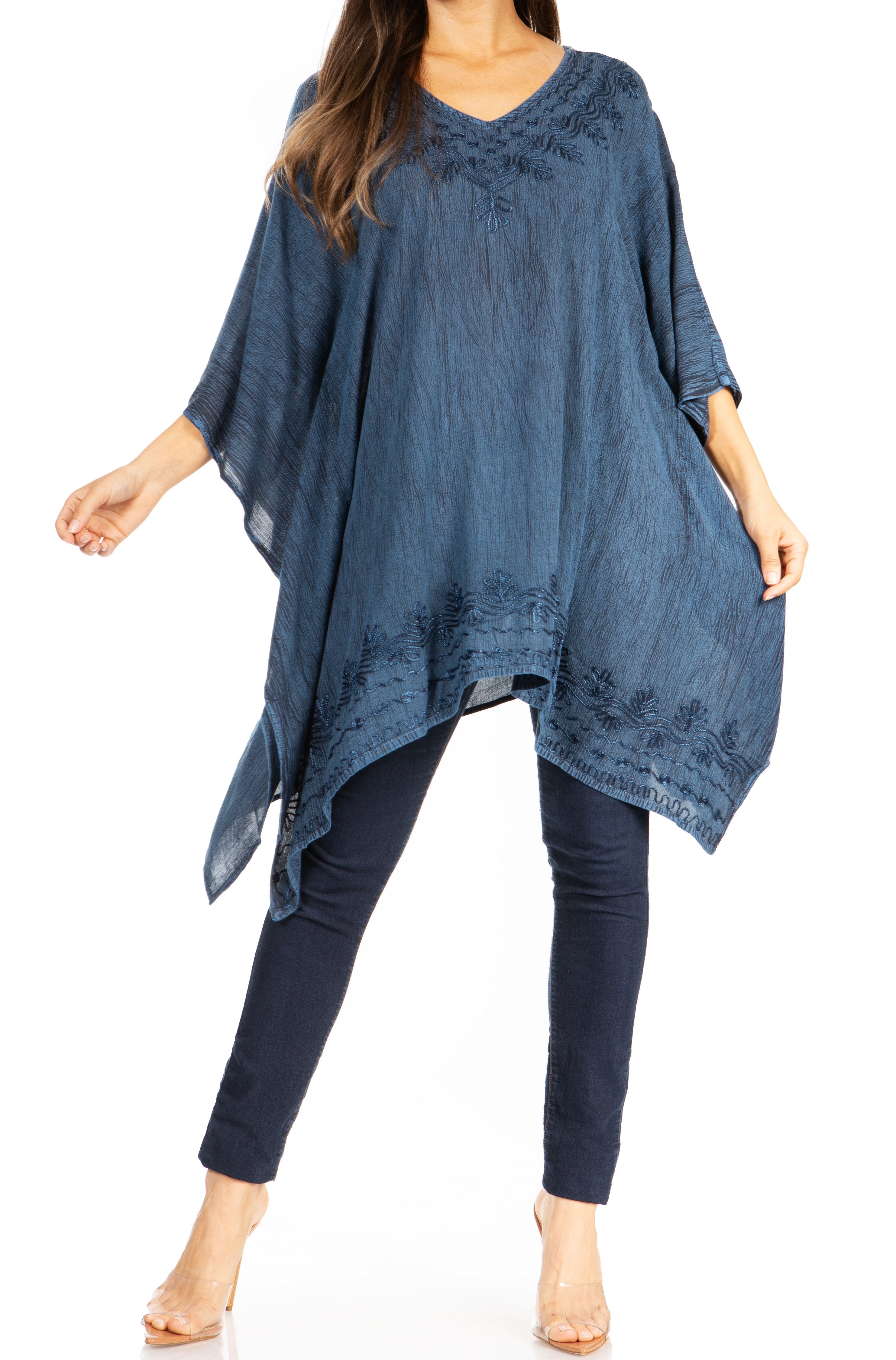 Sakkas - Wren Lightweight Circle Poncho Top Blouse With Detailed Embroidery