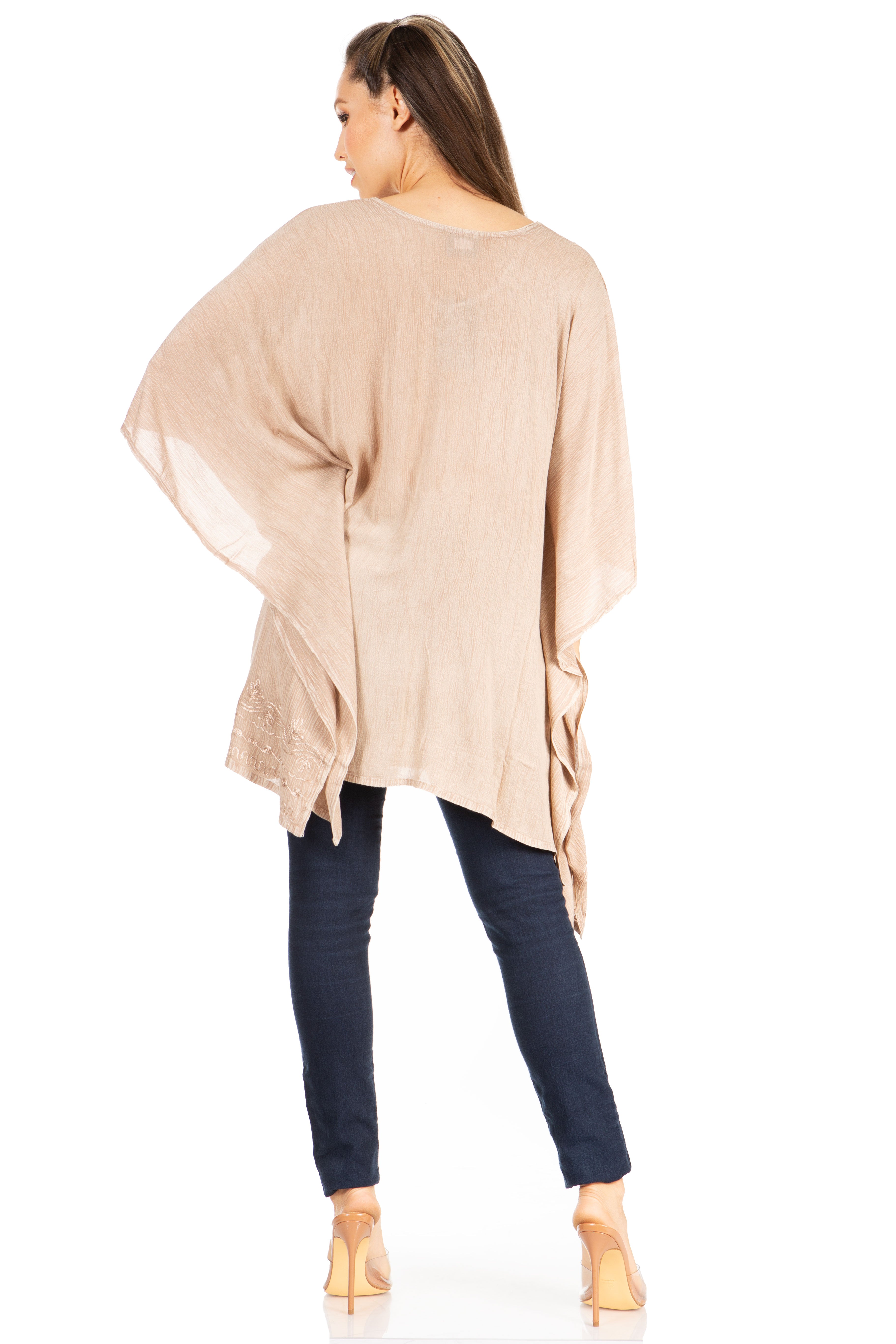 Sakkas - Wren Lightweight Circle Poncho Top Blouse With Detailed Embroidery