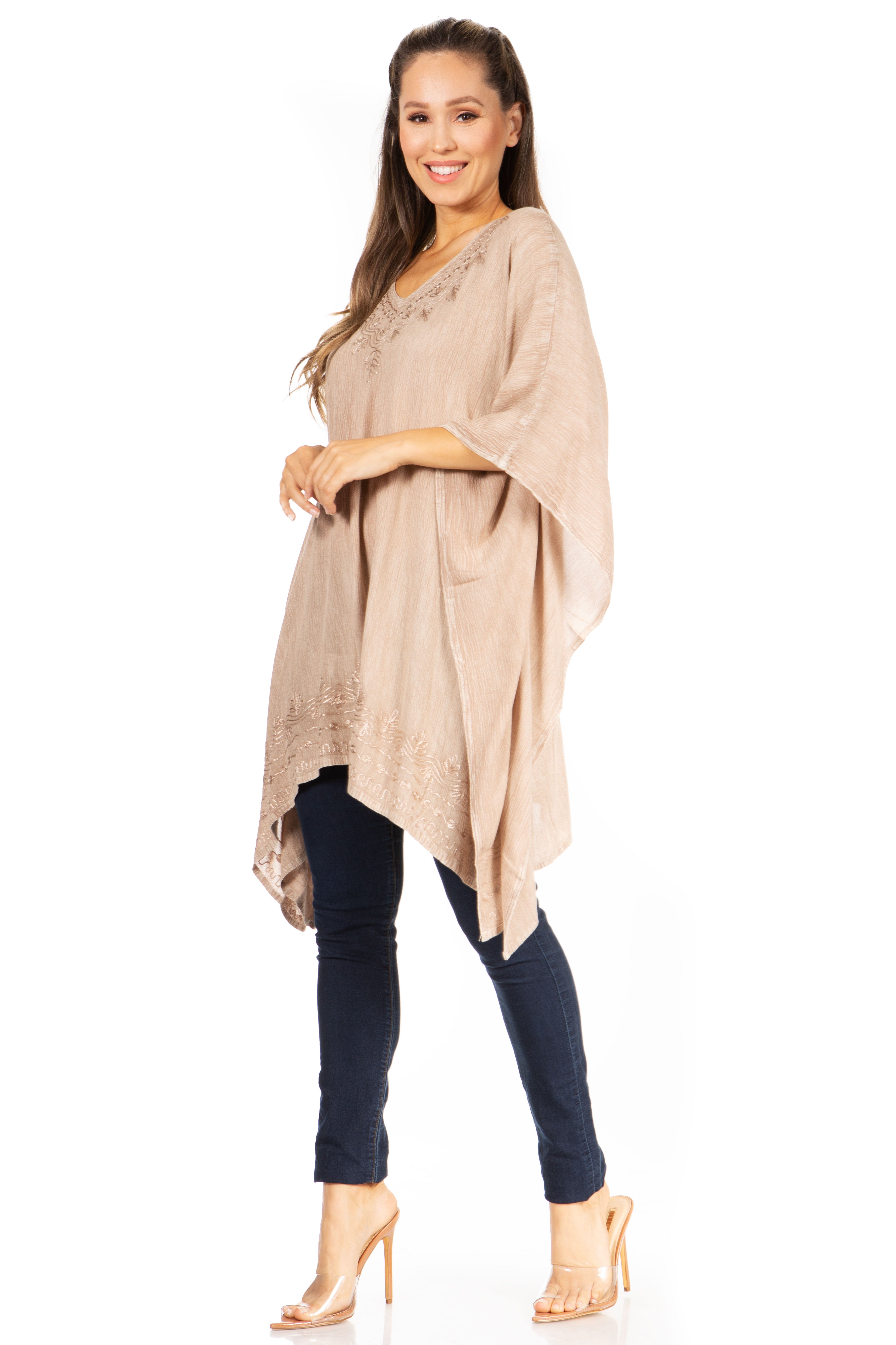 Sakkas - Wren Lightweight Circle Poncho Top Blouse With Detailed Embroidery