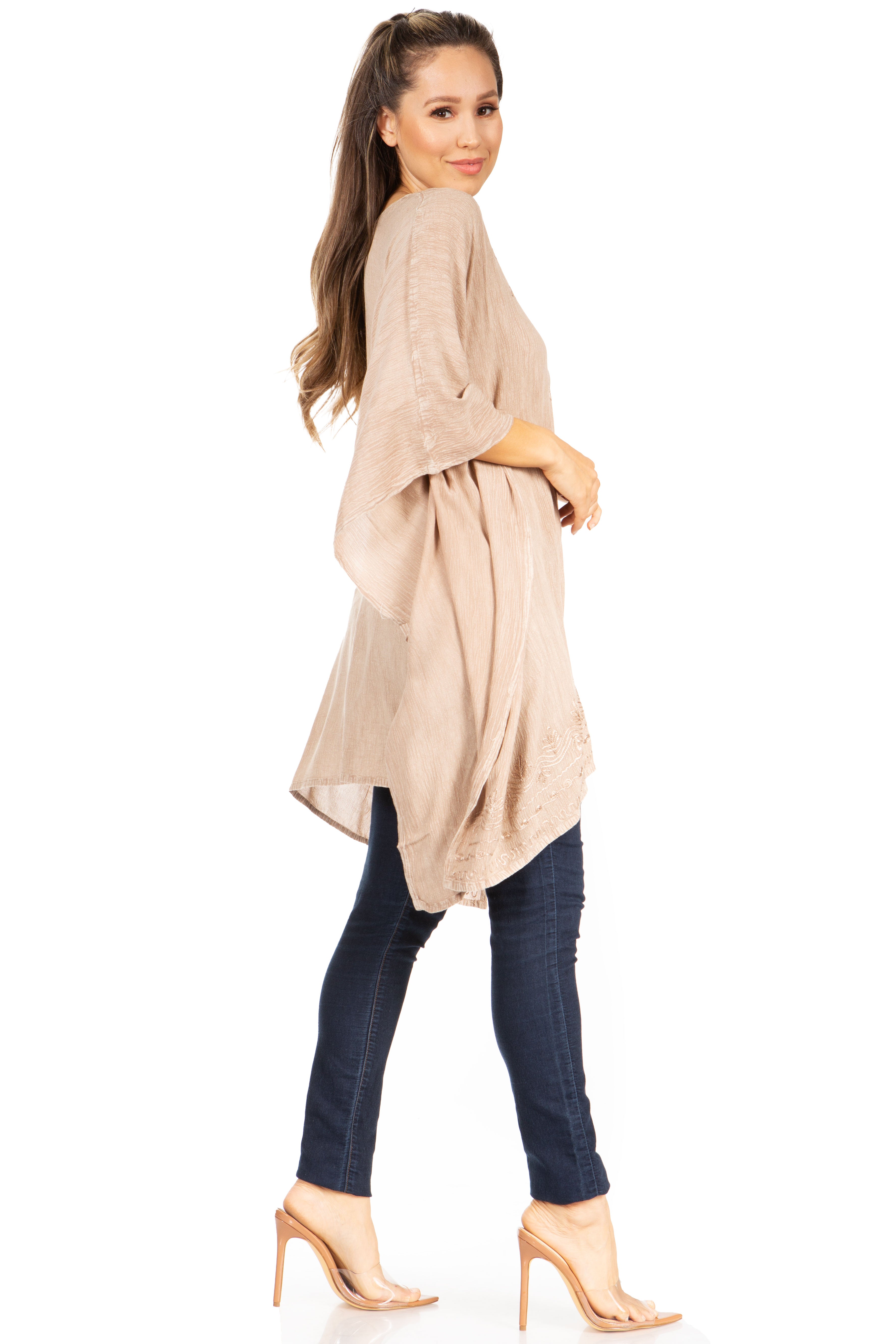 Sakkas - Wren Lightweight Circle Poncho Top Blouse With Detailed Embroidery