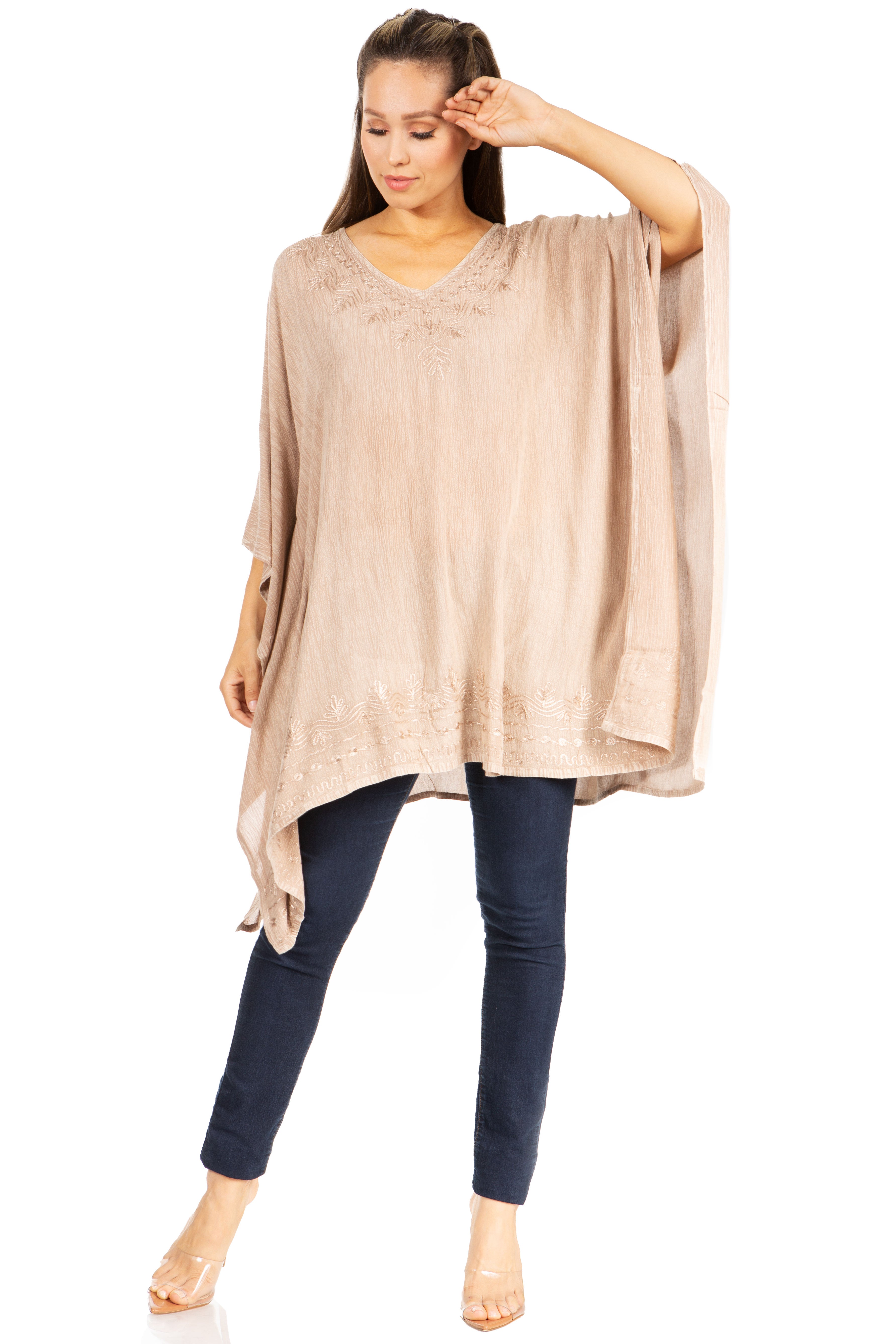 Sakkas - Wren Lightweight Circle Poncho Top Blouse With Detailed Embroidery
