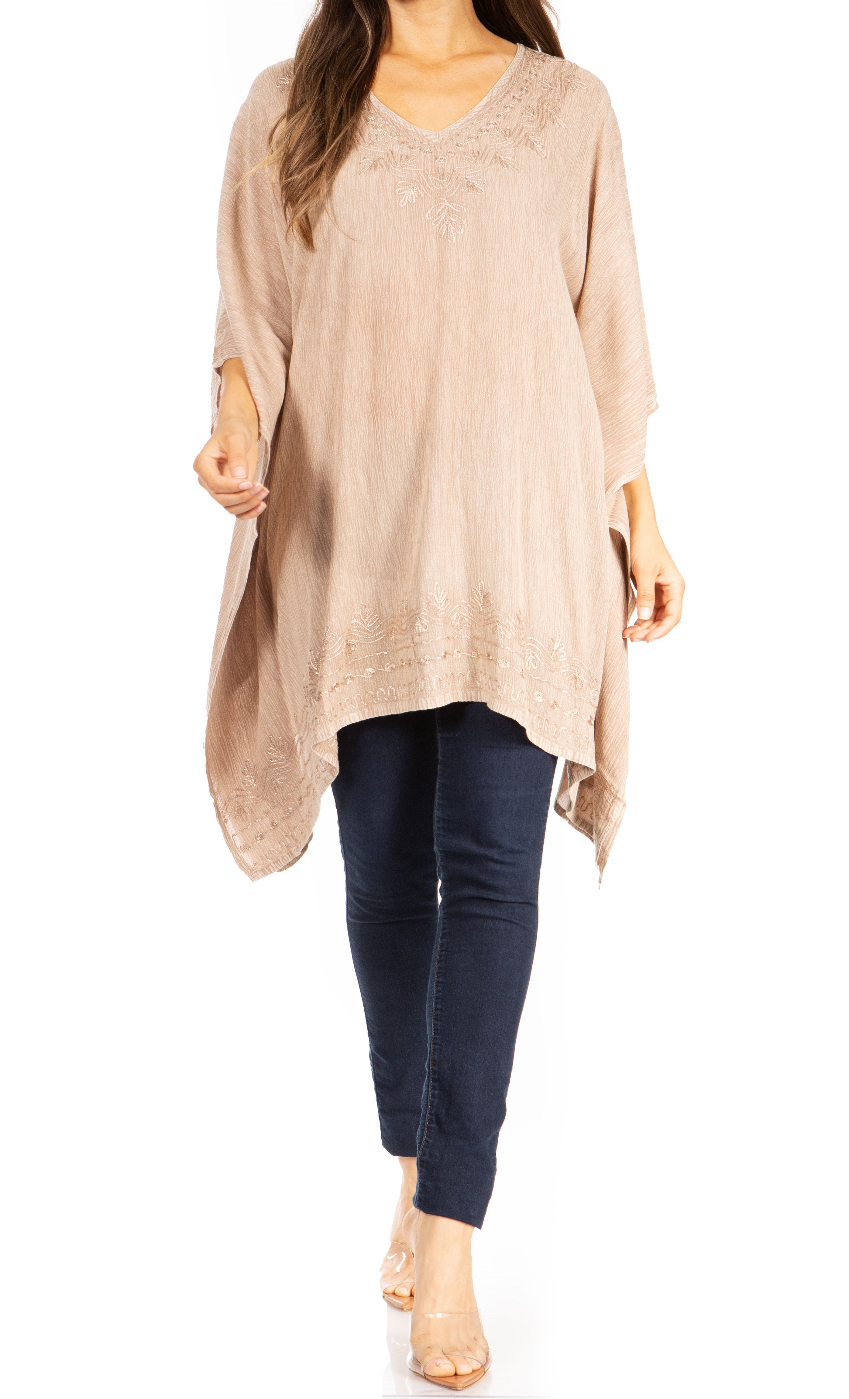 Sakkas - Wren Lightweight Circle Poncho Top Blouse With Detailed Embroidery