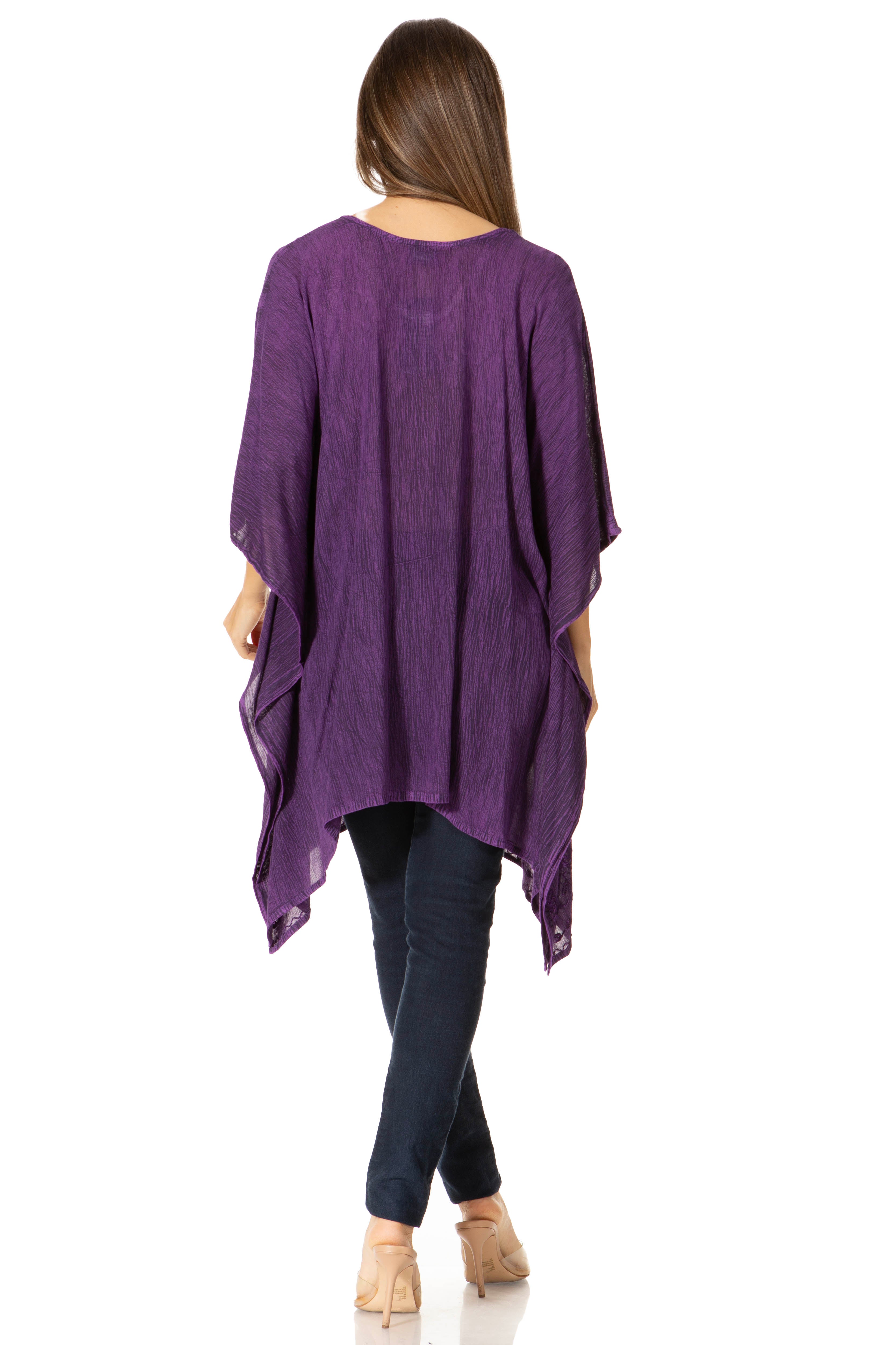 Sakkas - Wren Lightweight Circle Poncho Top Blouse With Detailed Embroidery