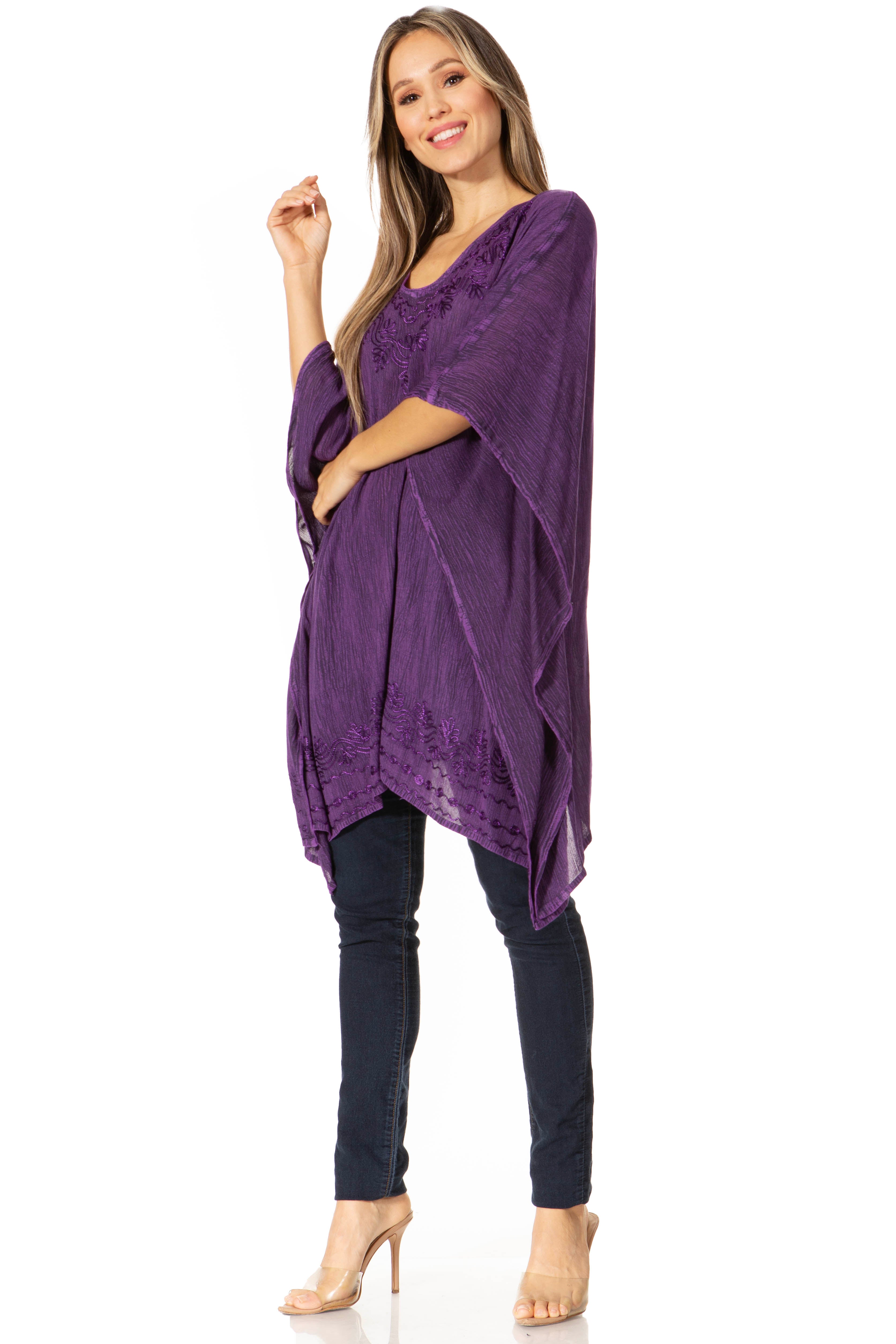 Sakkas - Wren Lightweight Circle Poncho Top Blouse With Detailed Embroidery