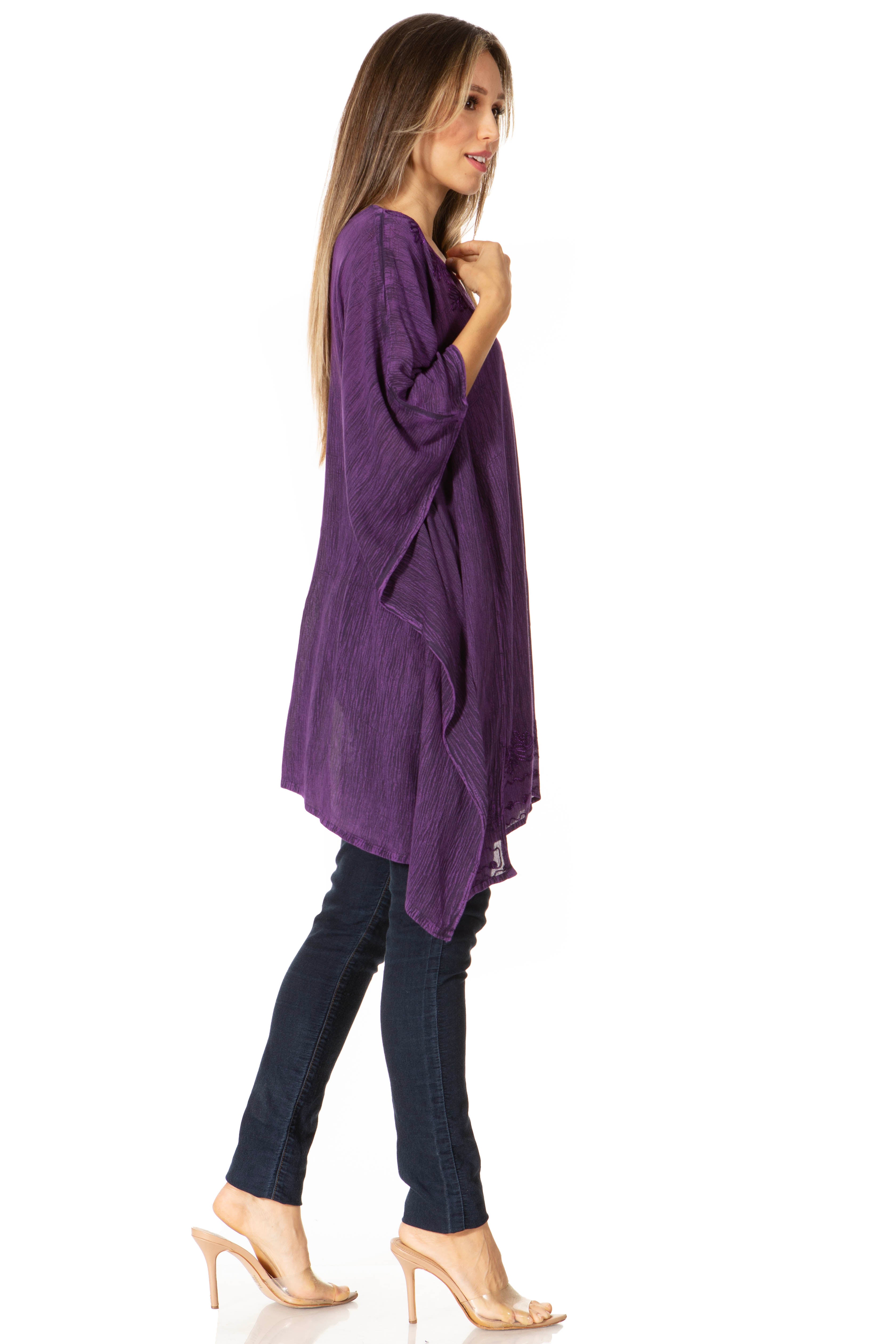 Sakkas - Wren Lightweight Circle Poncho Top Blouse With Detailed Embroidery