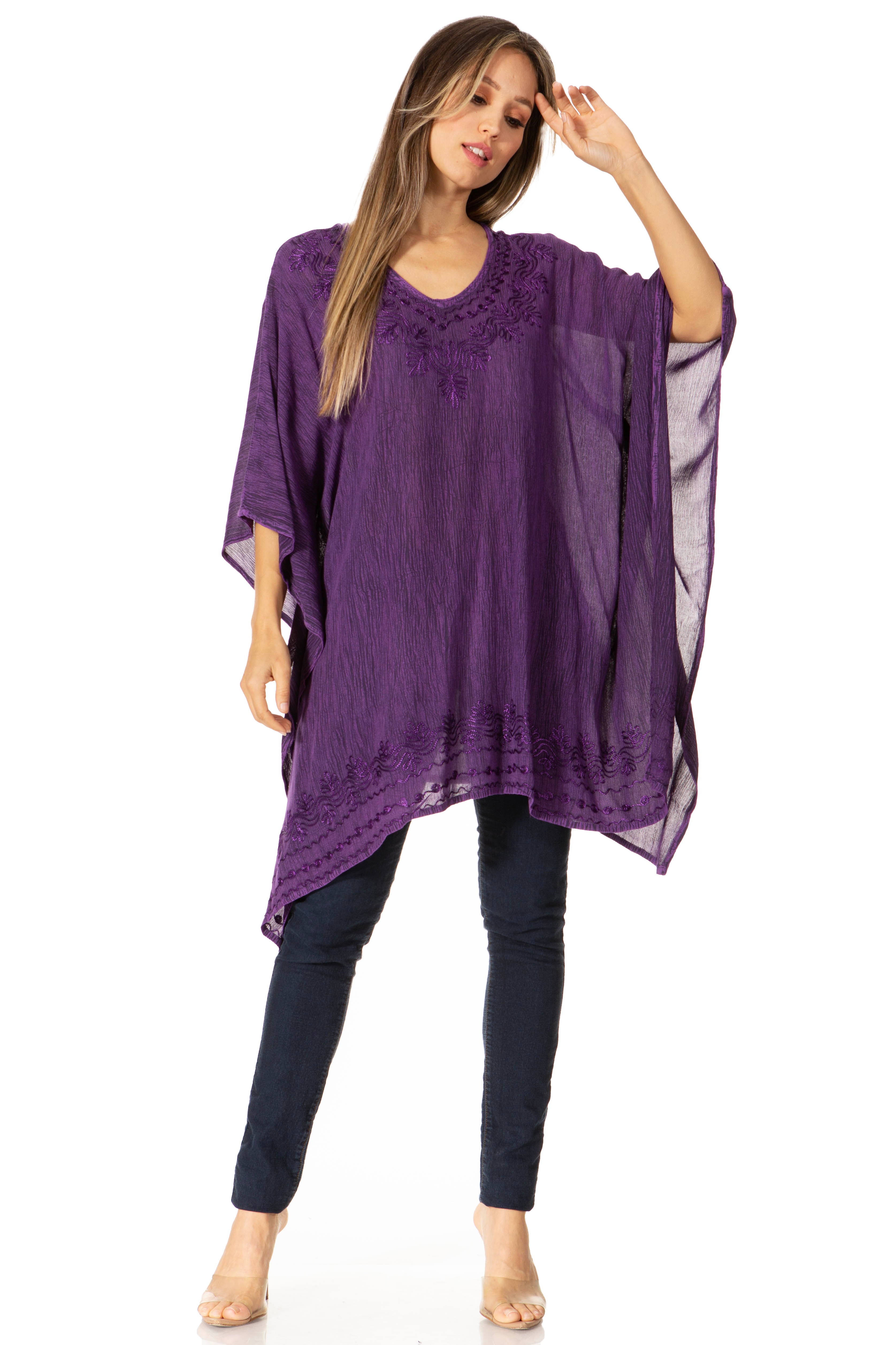 Sakkas - Wren Lightweight Circle Poncho Top Blouse With Detailed Embroidery