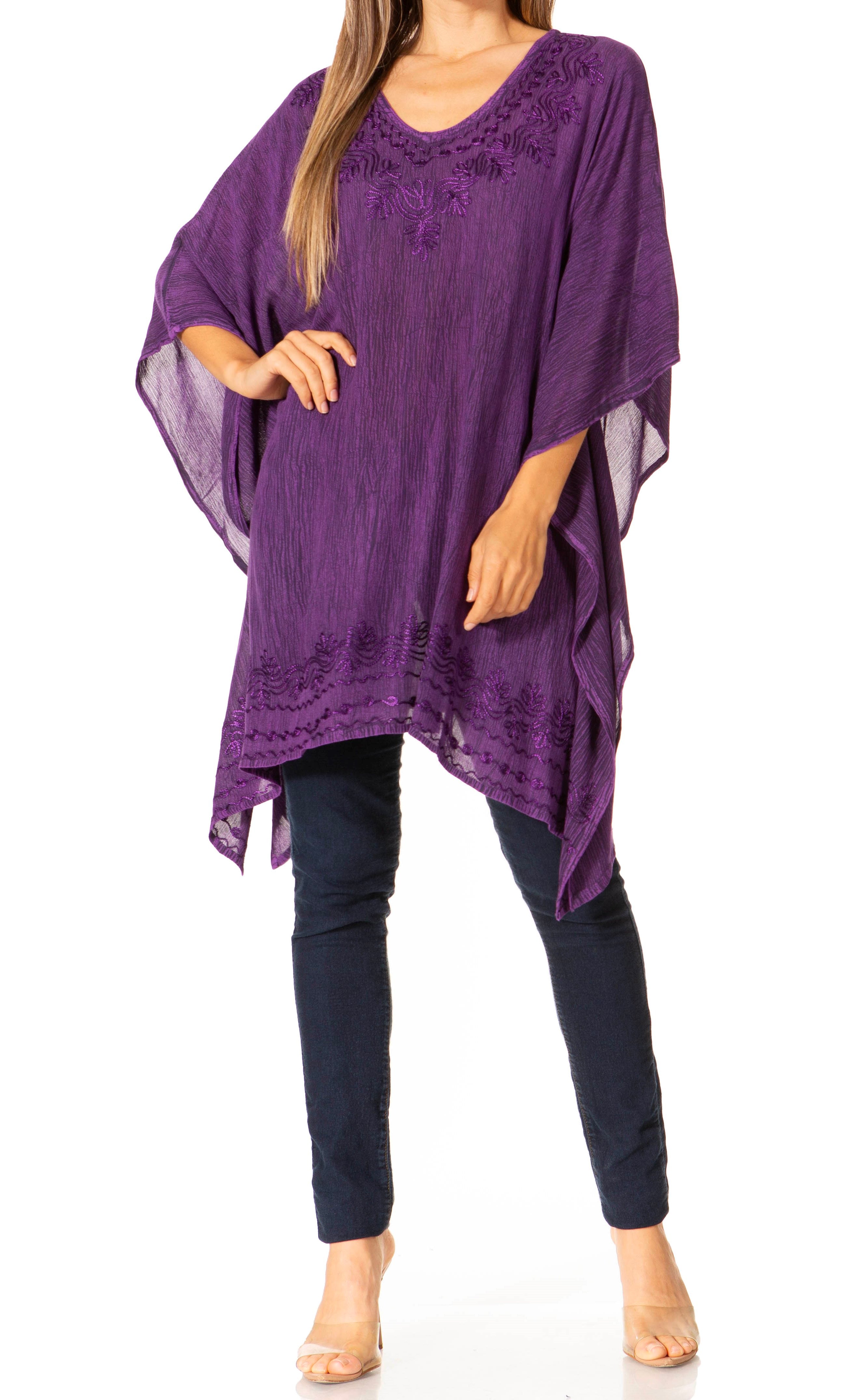 Sakkas - Wren Lightweight Circle Poncho Top Blouse With Detailed Embroidery
