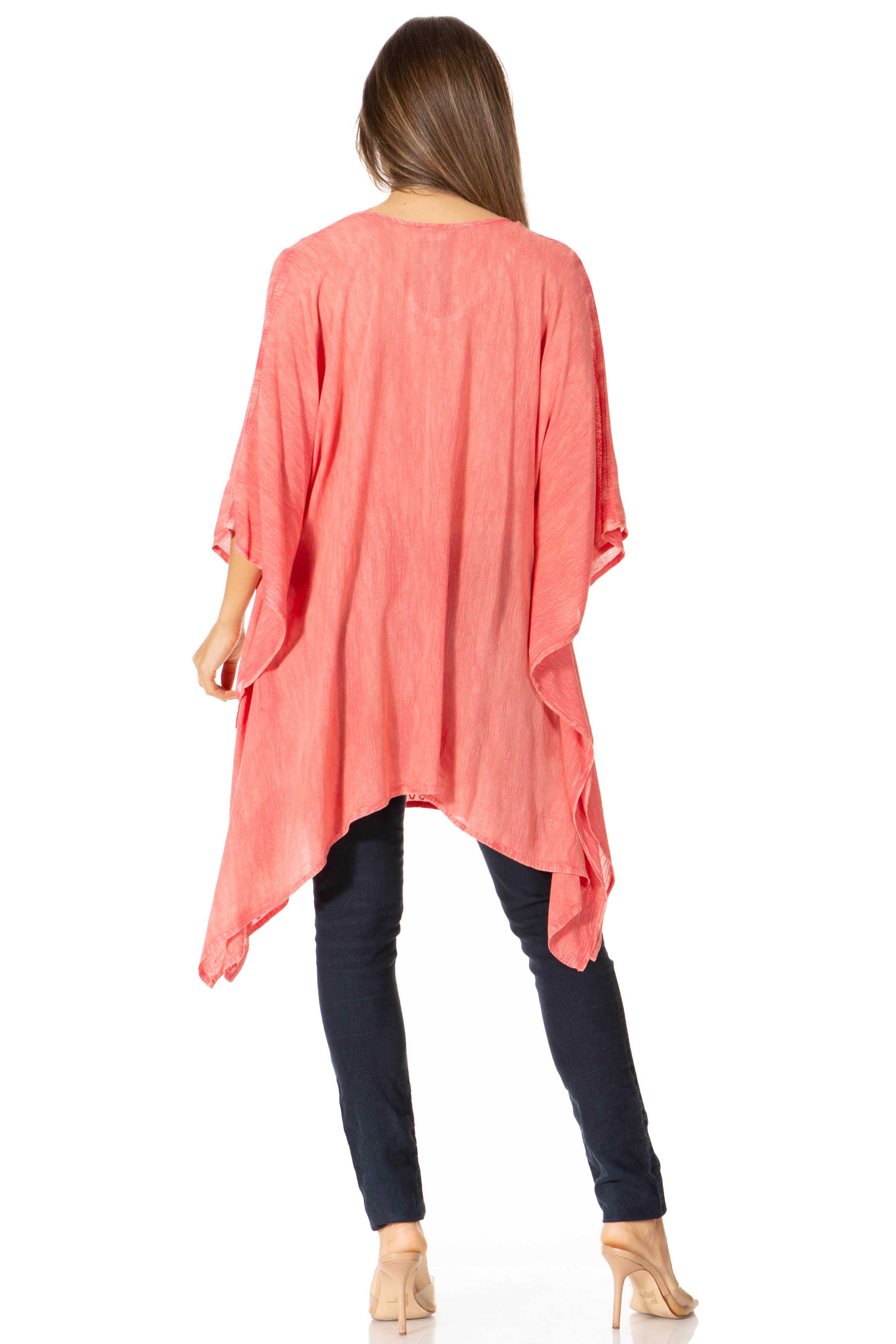 Sakkas - Wren Lightweight Circle Poncho Top Blouse With Detailed Embroidery