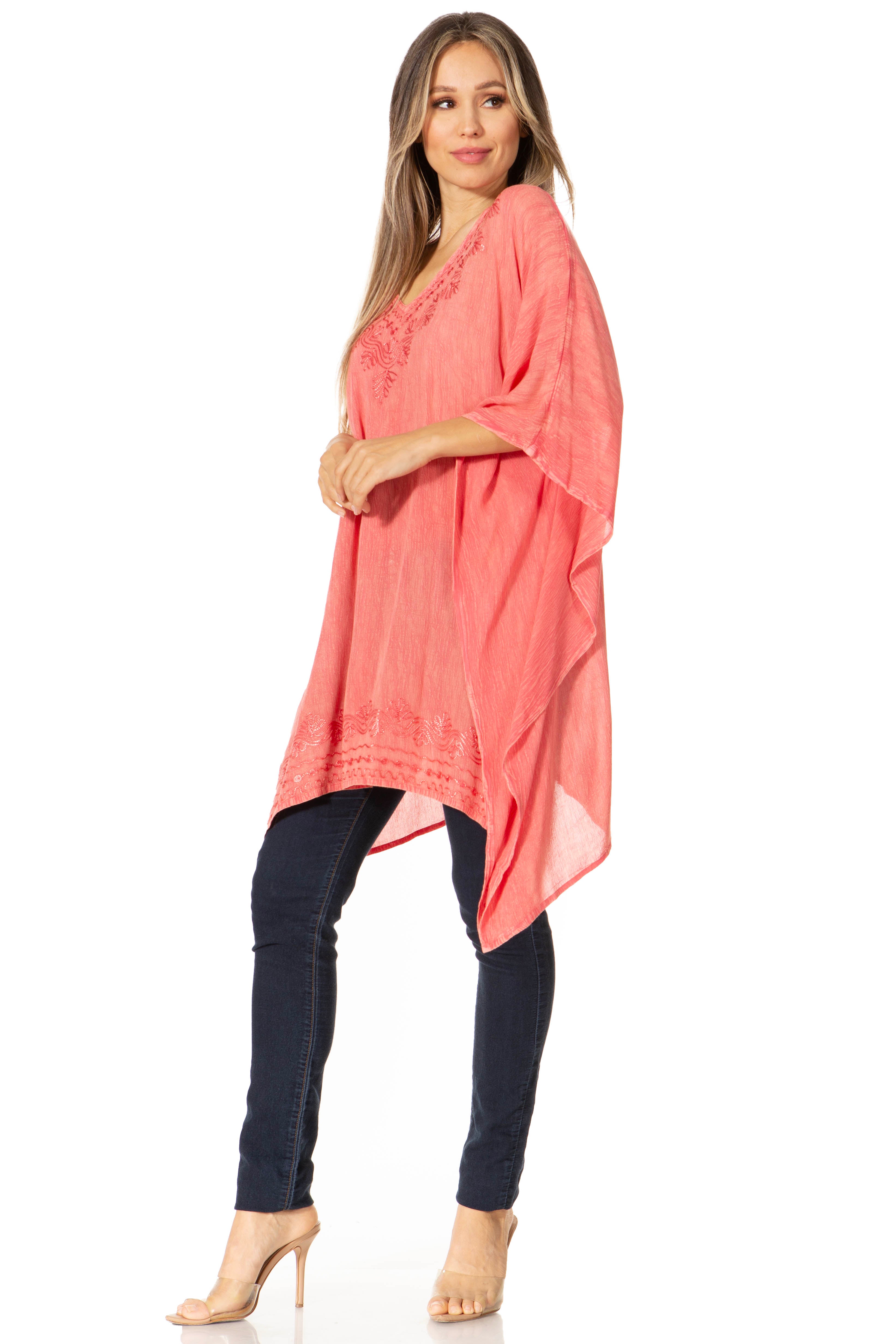 Sakkas - Wren Lightweight Circle Poncho Top Blouse With Detailed Embroidery
