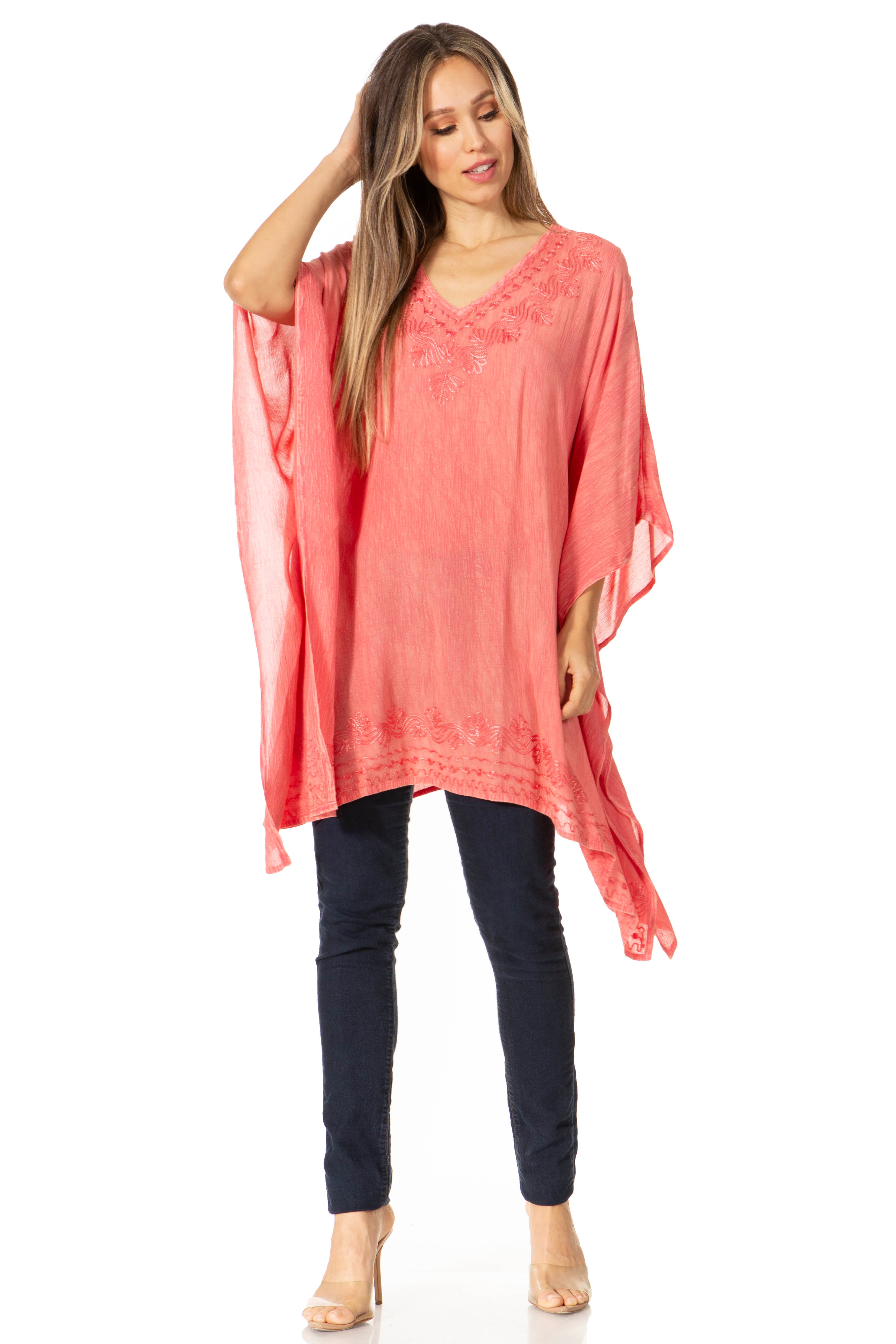Sakkas - Wren Lightweight Circle Poncho Top Blouse With Detailed Embroidery