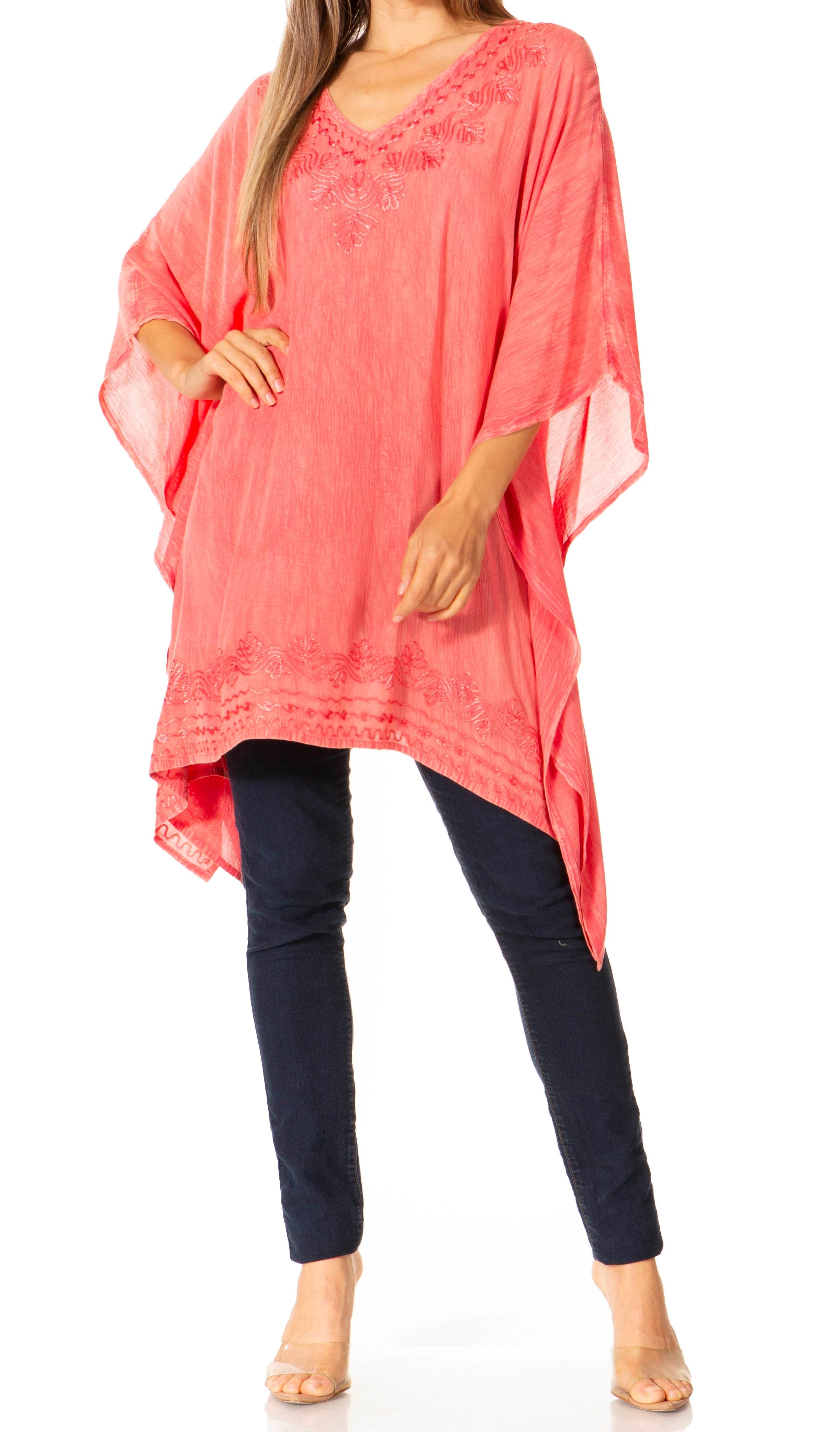 Sakkas - Wren Lightweight Circle Poncho Top Blouse With Detailed Embroidery