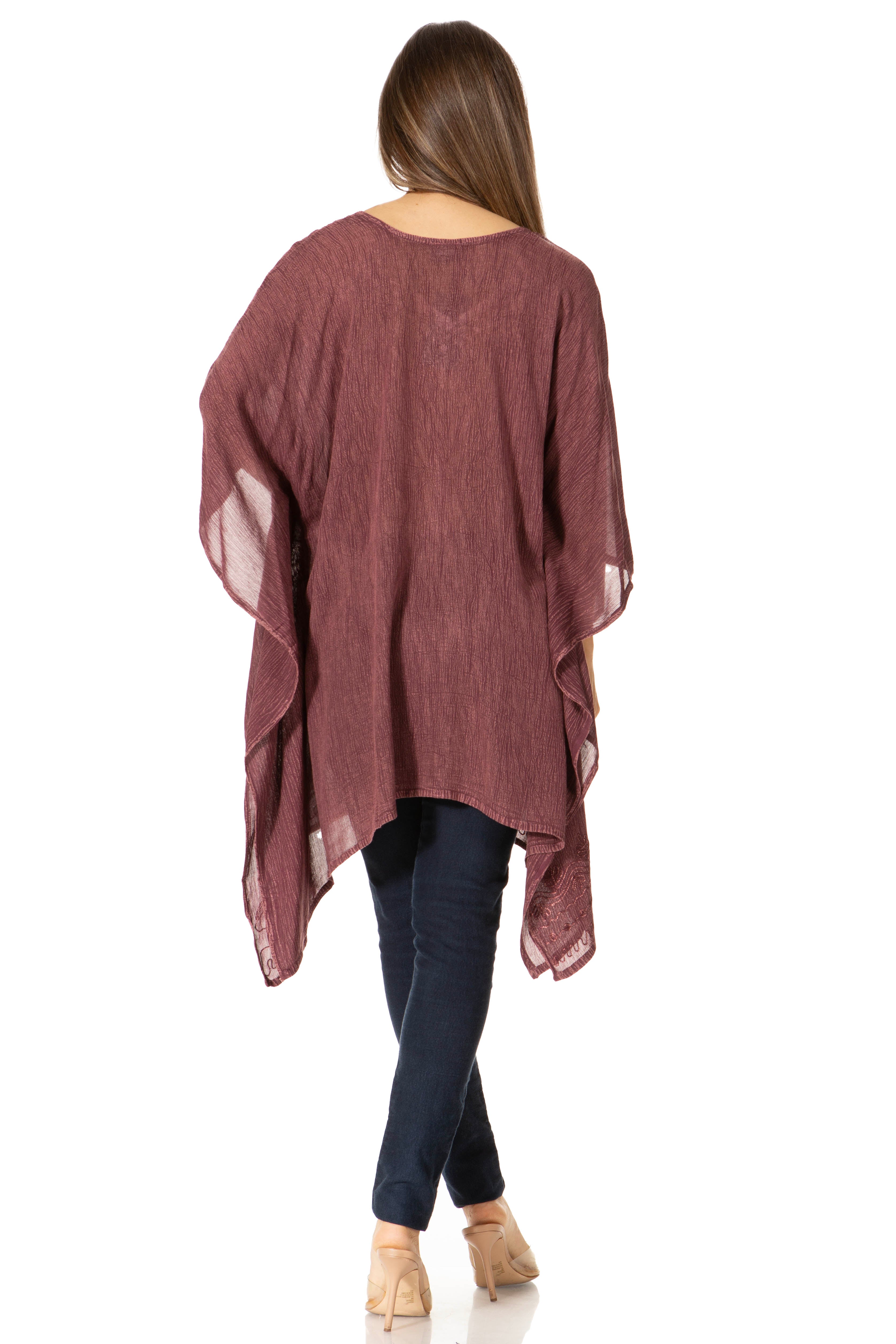 Sakkas - Wren Lightweight Circle Poncho Top Blouse With Detailed Embroidery