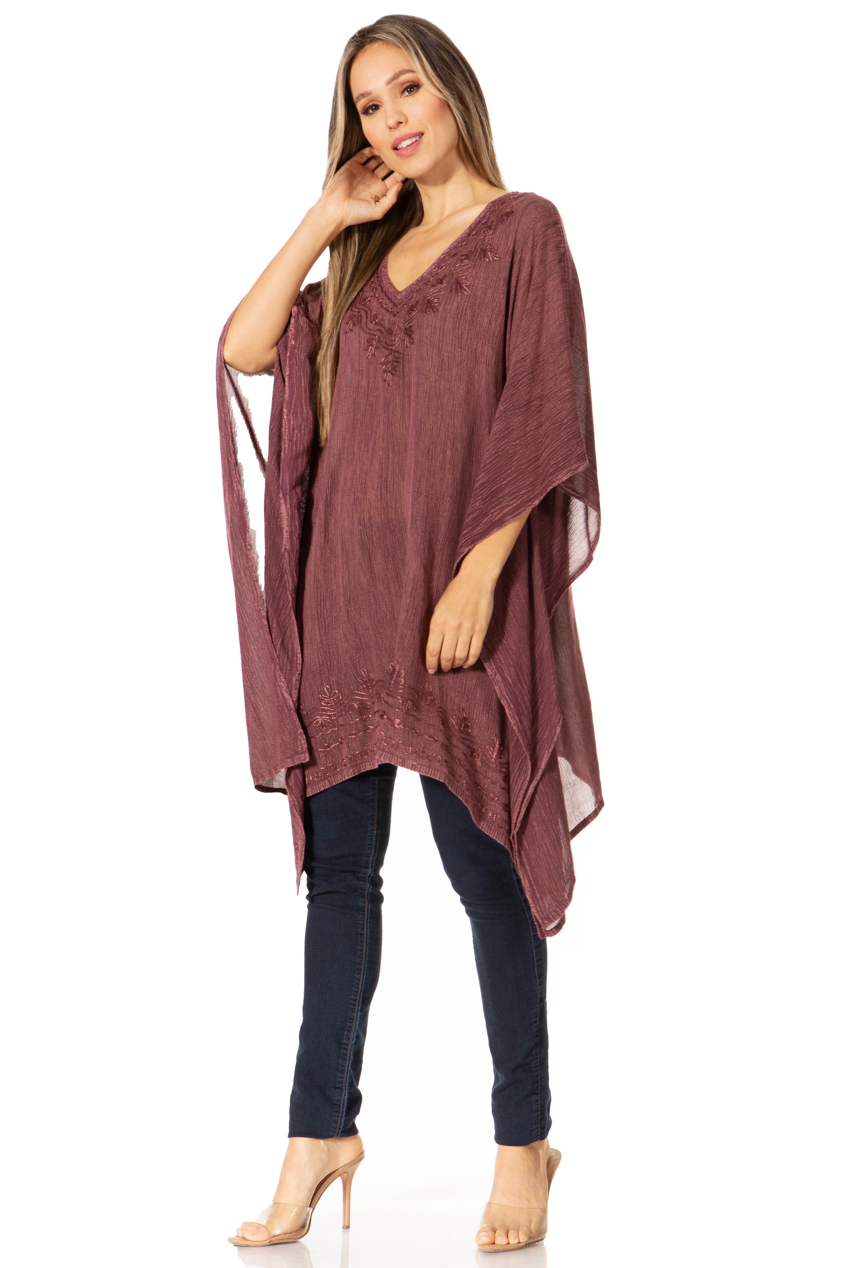Sakkas - Wren Lightweight Circle Poncho Top Blouse With Detailed Embroidery